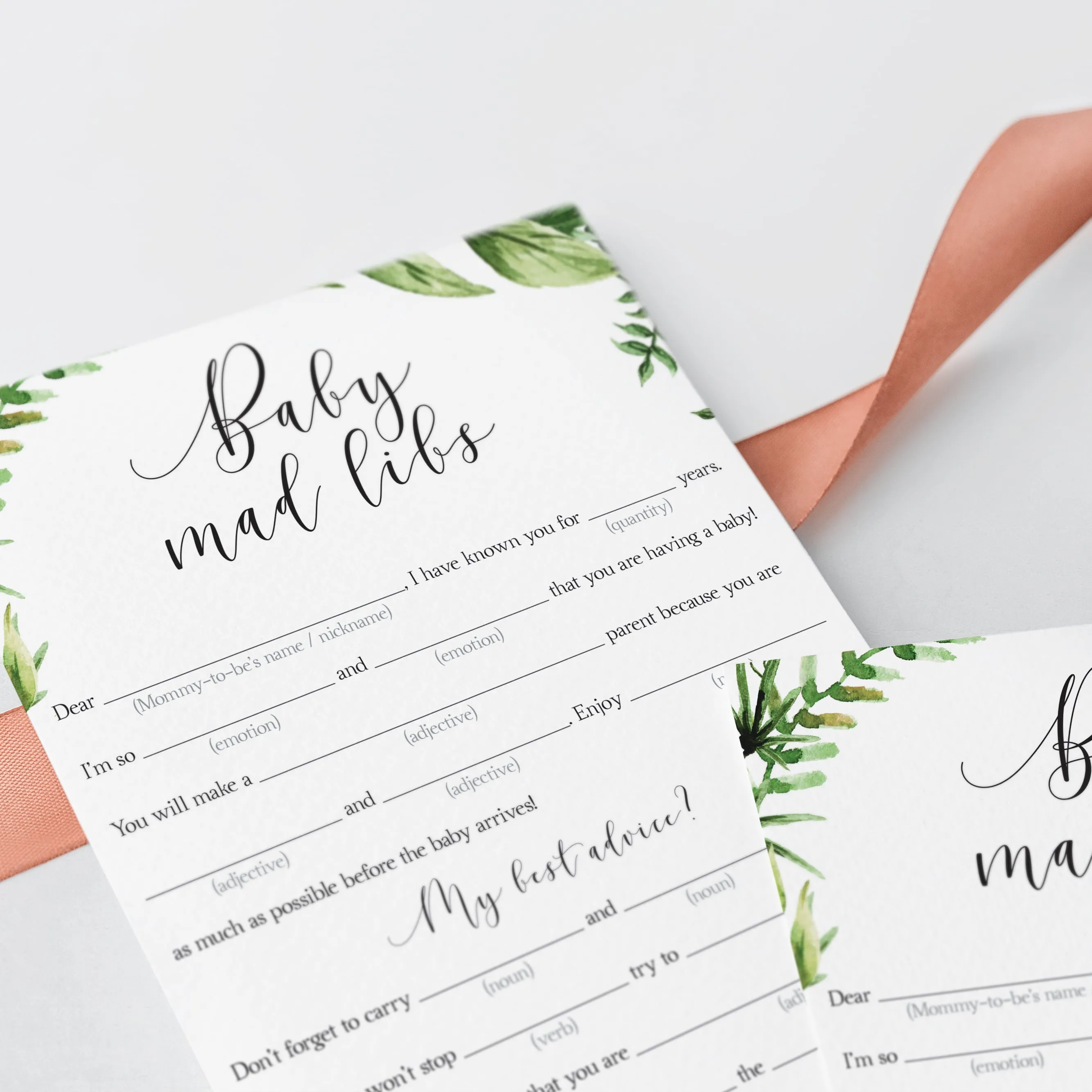 Baby Shower MadLibs Advice Card Printable Green Leaves