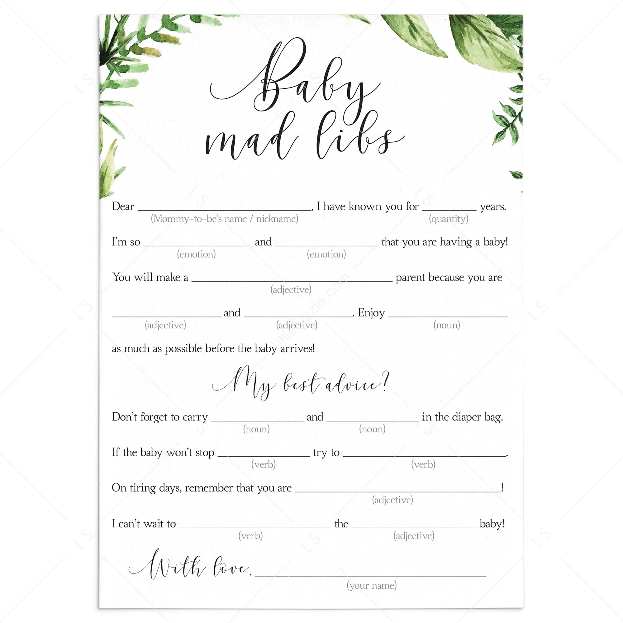 Baby Shower MadLibs Advice Card Printable Green Leaves
