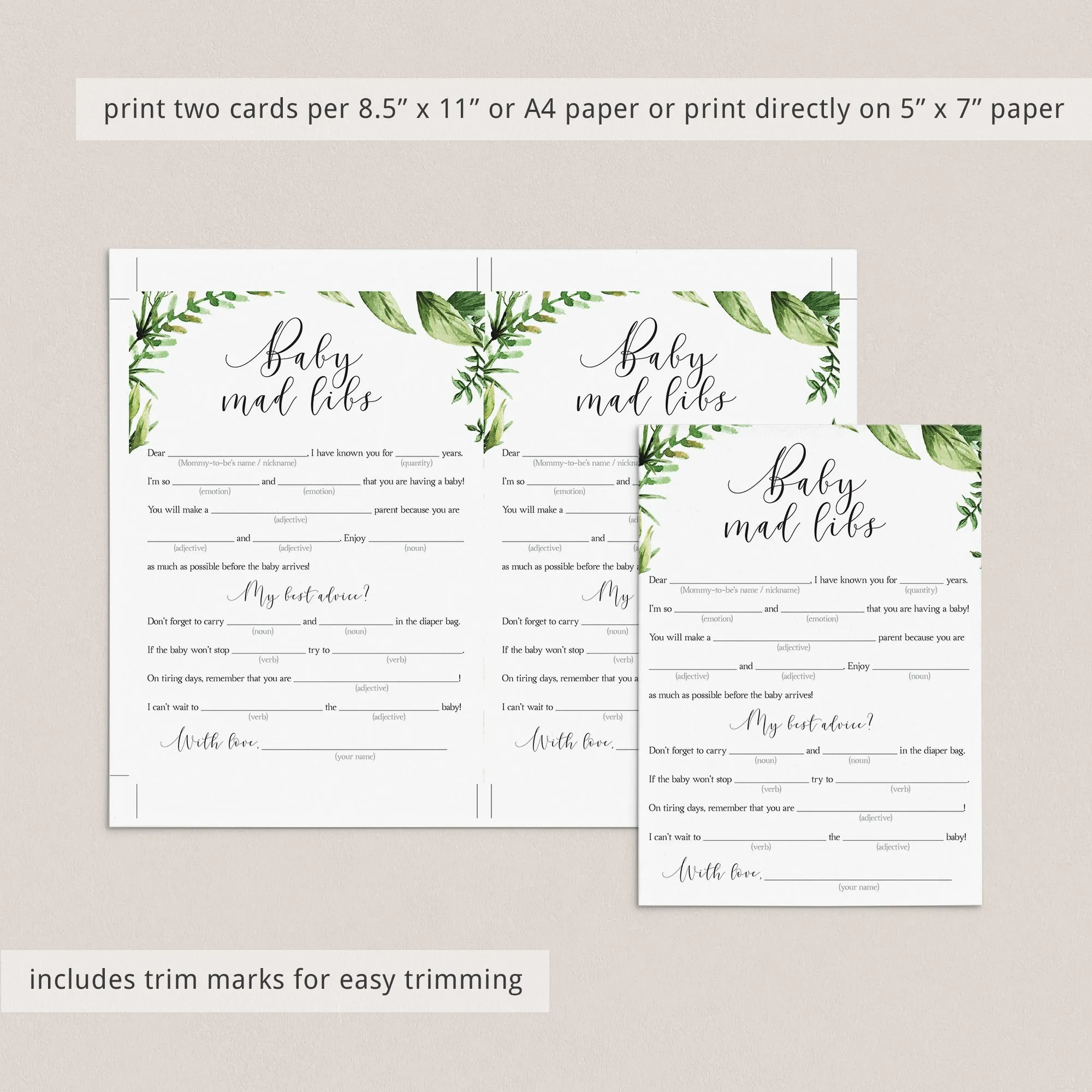 Baby Shower MadLibs Advice Card Printable Green Leaves