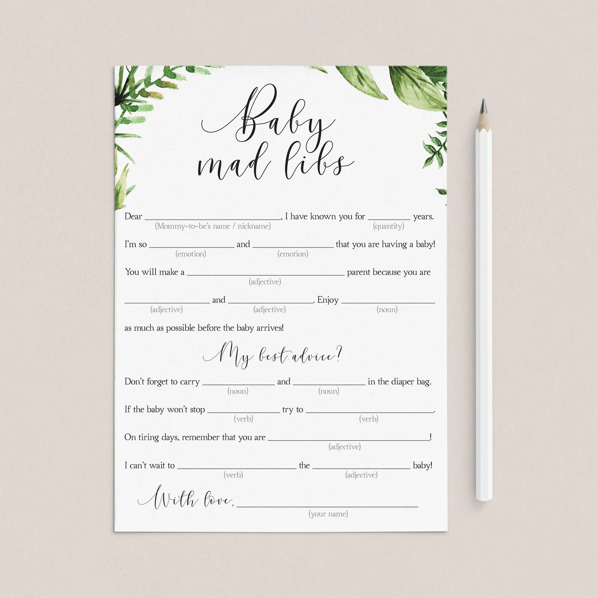 Baby Shower MadLibs Advice Card Printable Green Leaves