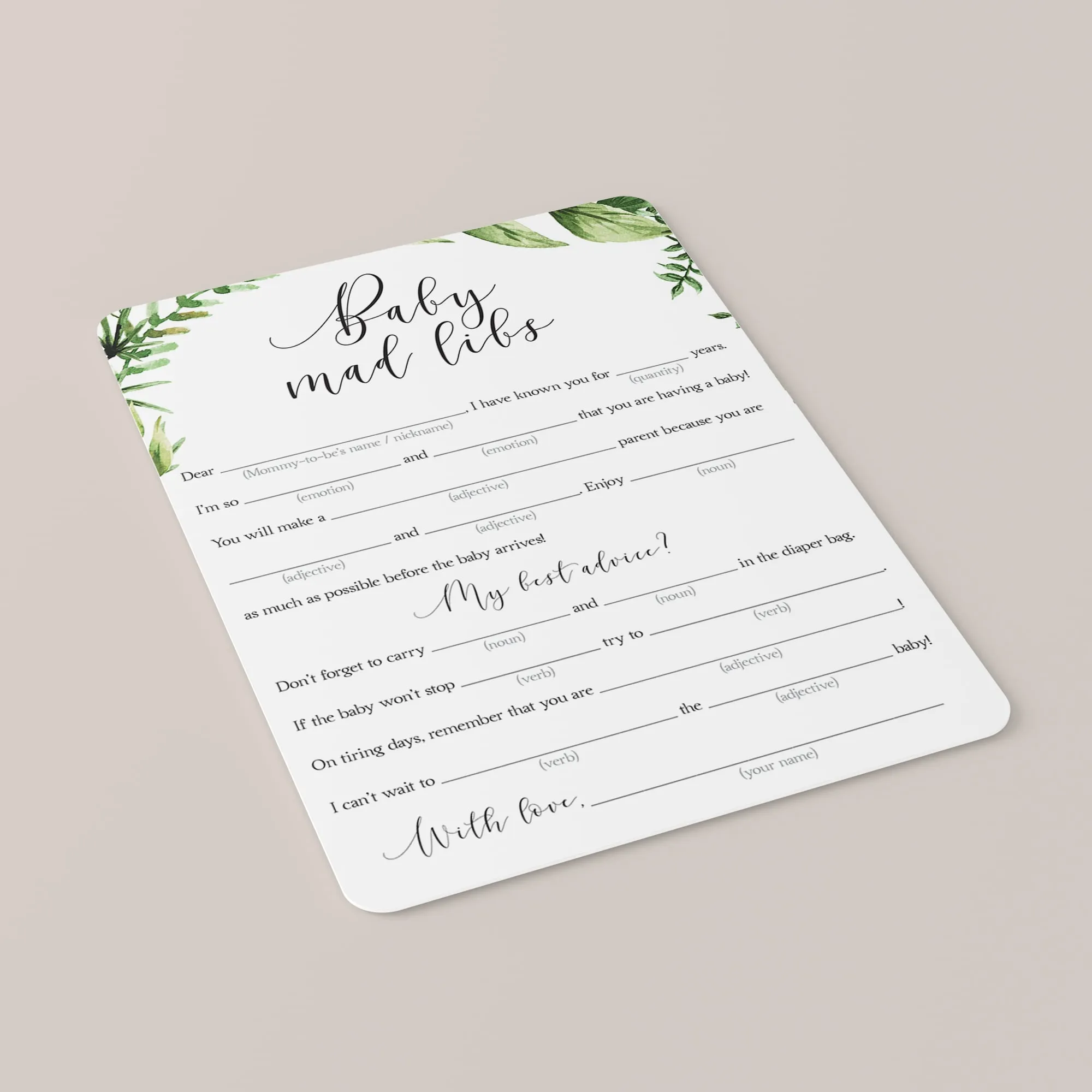 Baby Shower MadLibs Advice Card Printable Green Leaves