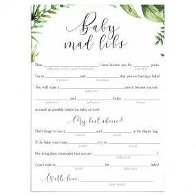 Baby Shower MadLibs Advice Card Printable Green Leaves