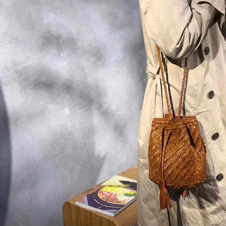 Boho Womens Small Crossbody Bucket Bag Brown Leather Shoulder Bag for Women