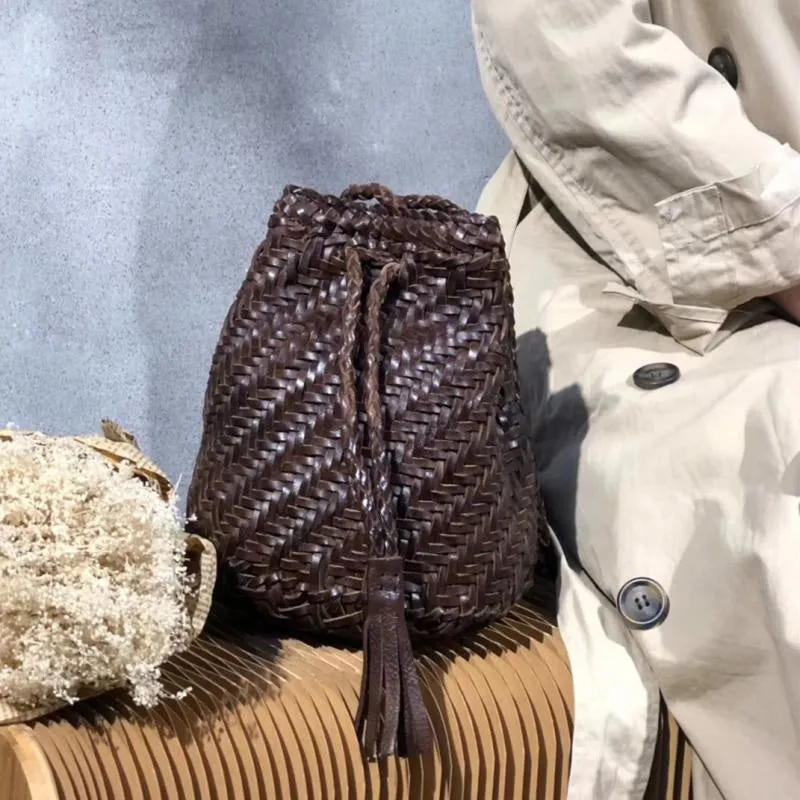 Boho Womens Small Crossbody Bucket Bag Brown Leather Shoulder Bag for Women