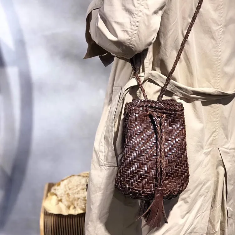 Boho Womens Small Crossbody Bucket Bag Brown Leather Shoulder Bag for Women