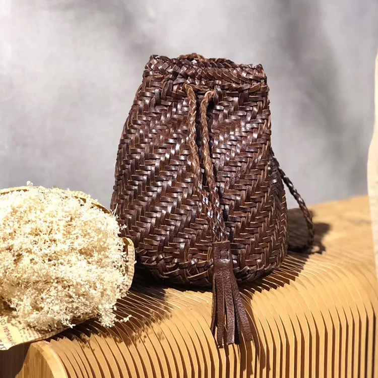 Boho Womens Small Crossbody Bucket Bag Brown Leather Shoulder Bag for Women