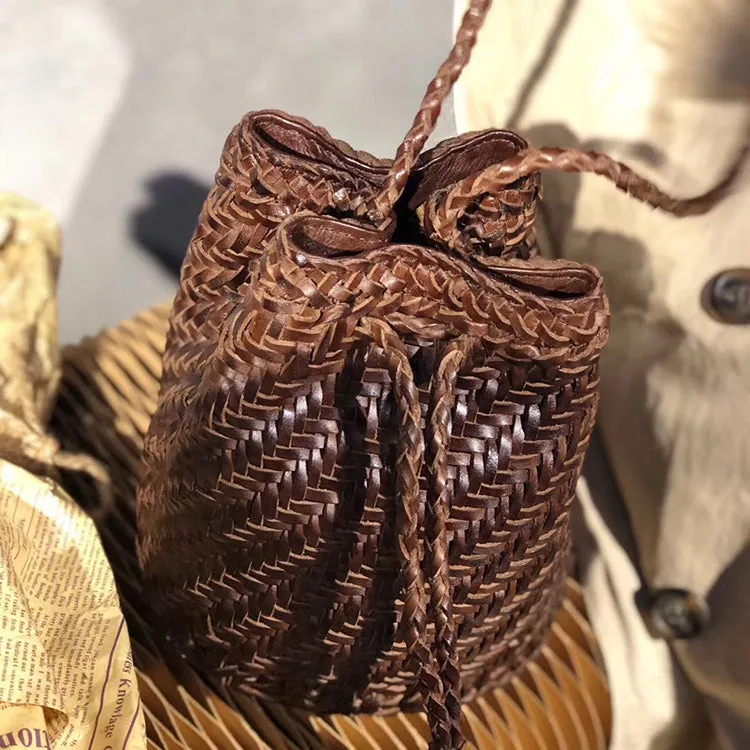 Boho Womens Small Crossbody Bucket Bag Brown Leather Shoulder Bag for Women