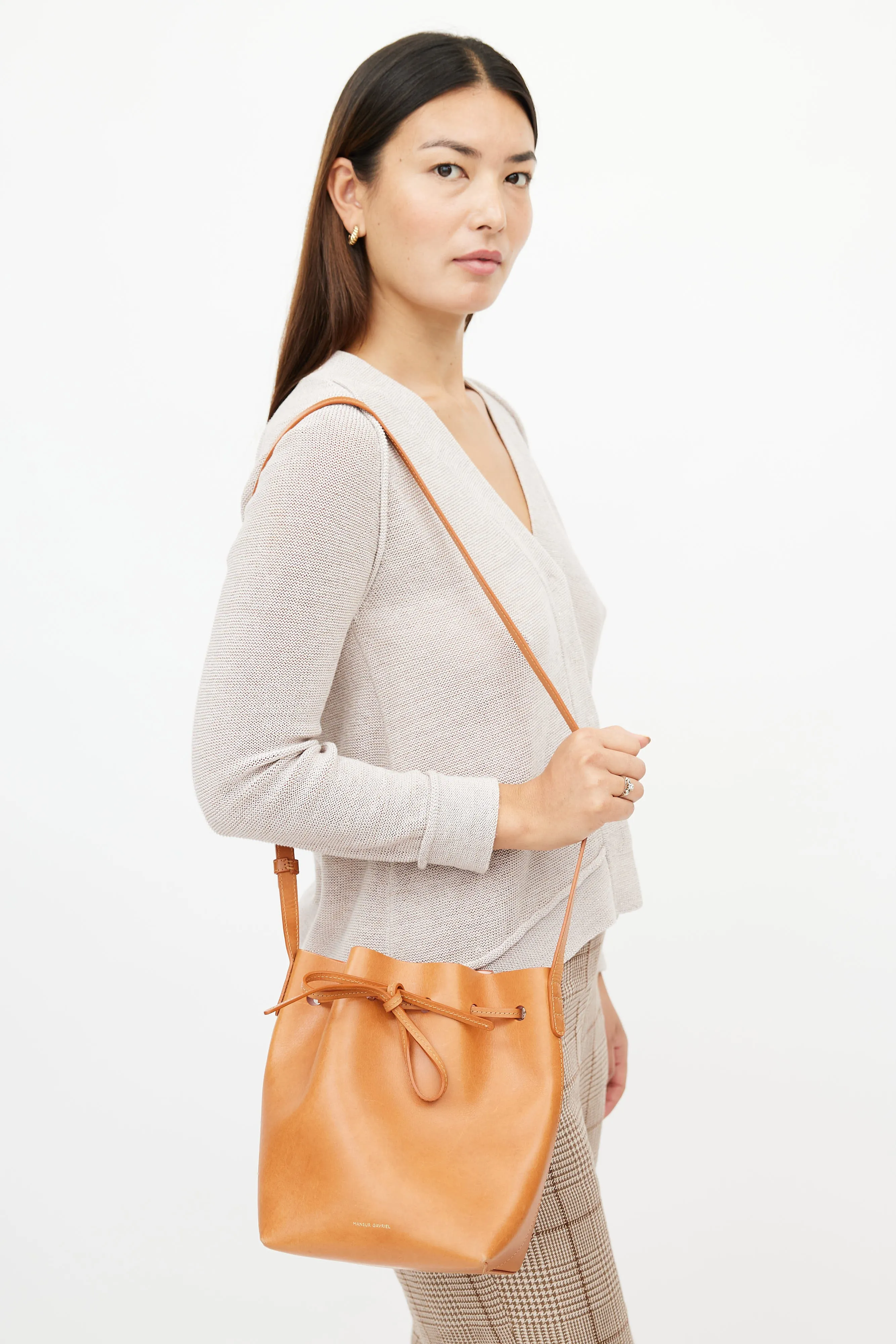 Brown Leather Bucket Crossbody Bag