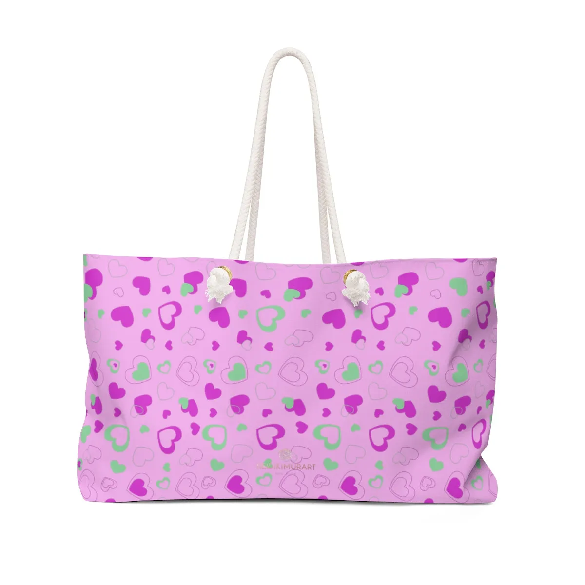 Candy Pink Hearts Tote, Valentine's Day Designer Oversized Weekender Bag- Made in USA