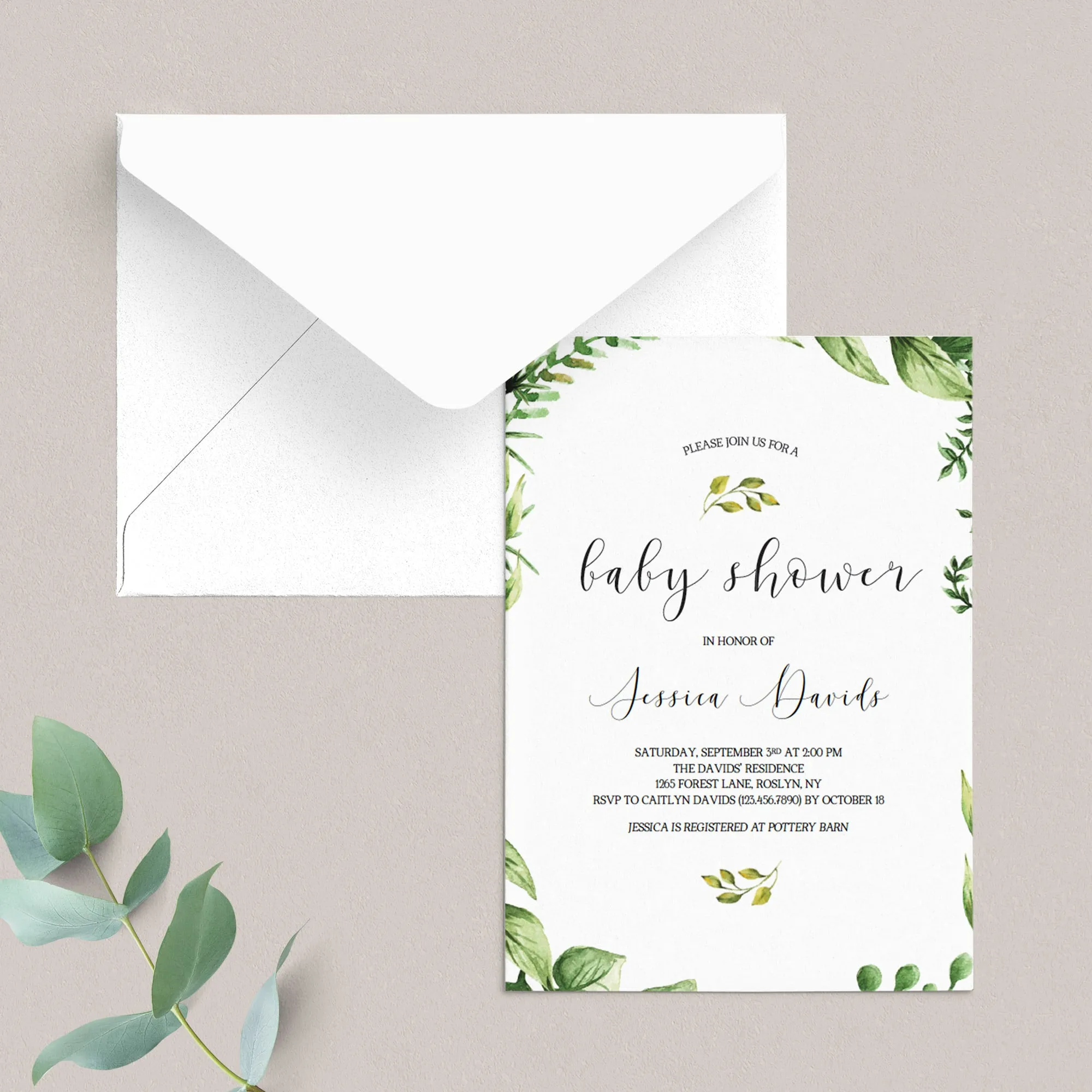 Classic Baby Shower Invitation Set Greenery Themed