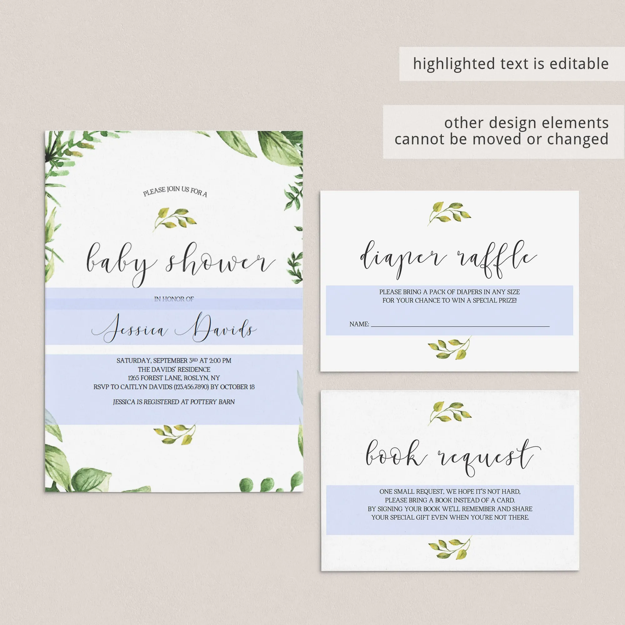 Classic Baby Shower Invitation Set Greenery Themed