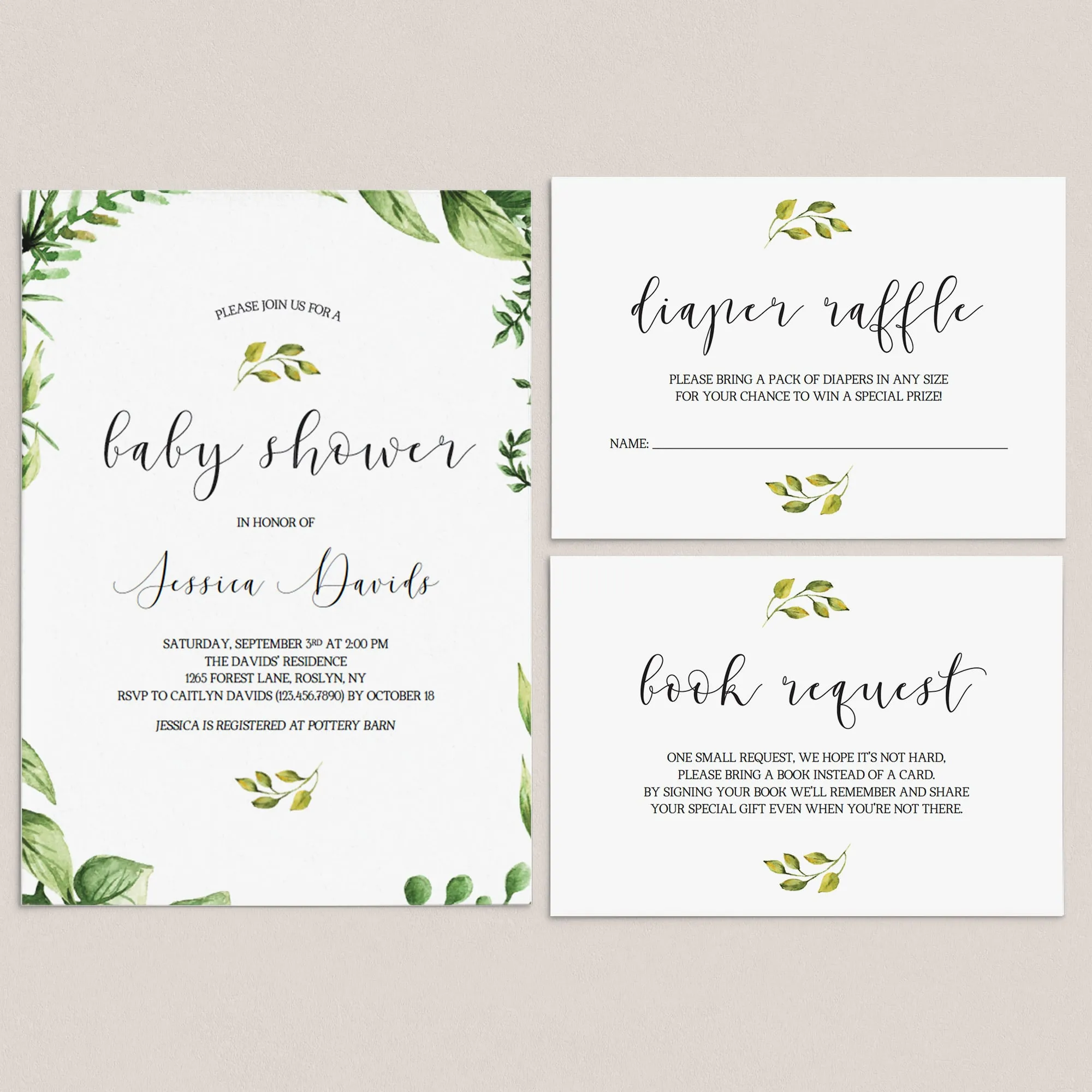 Classic Baby Shower Invitation Set Greenery Themed
