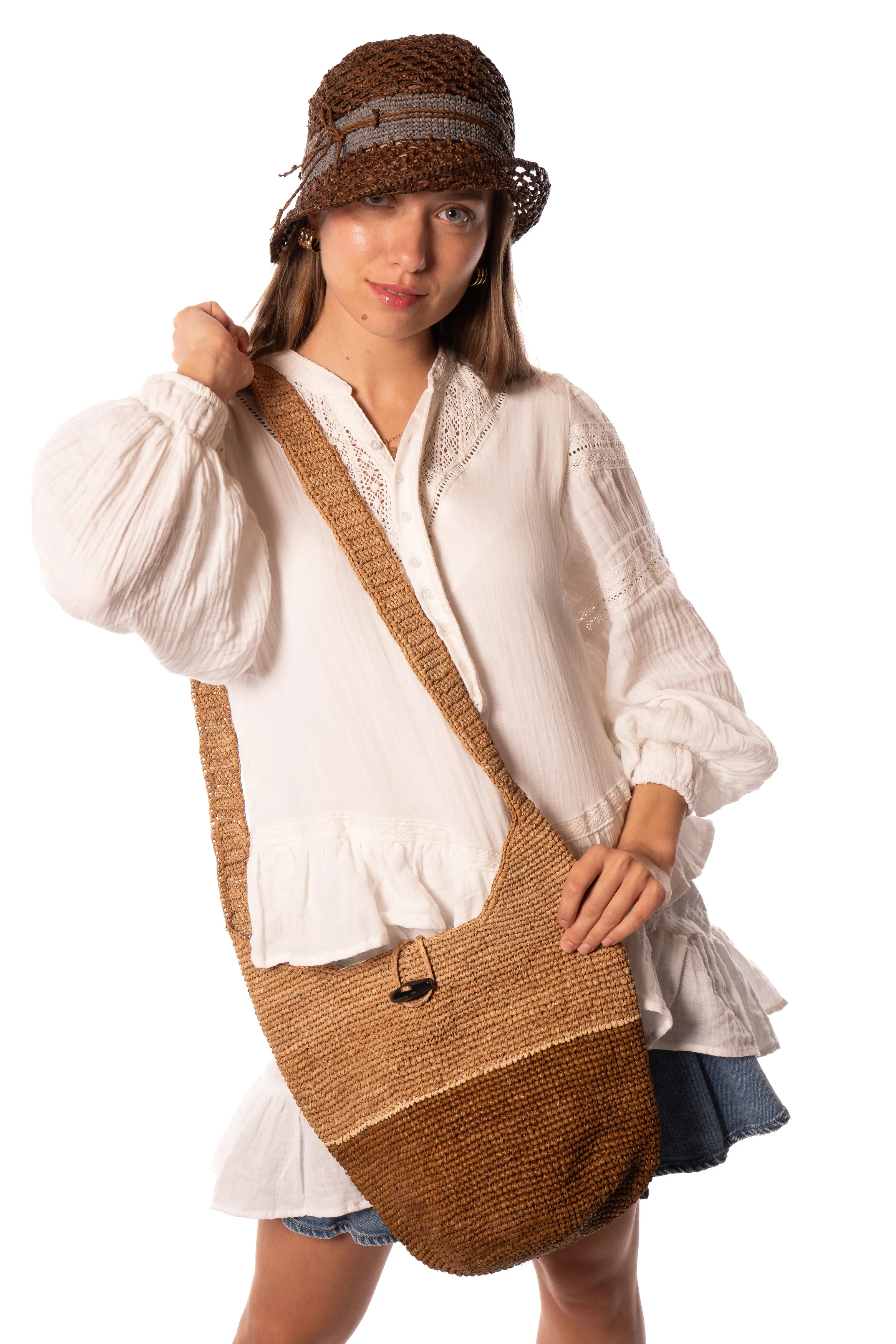 ConCon Two Tone Crochet Straw Crossbody Bag