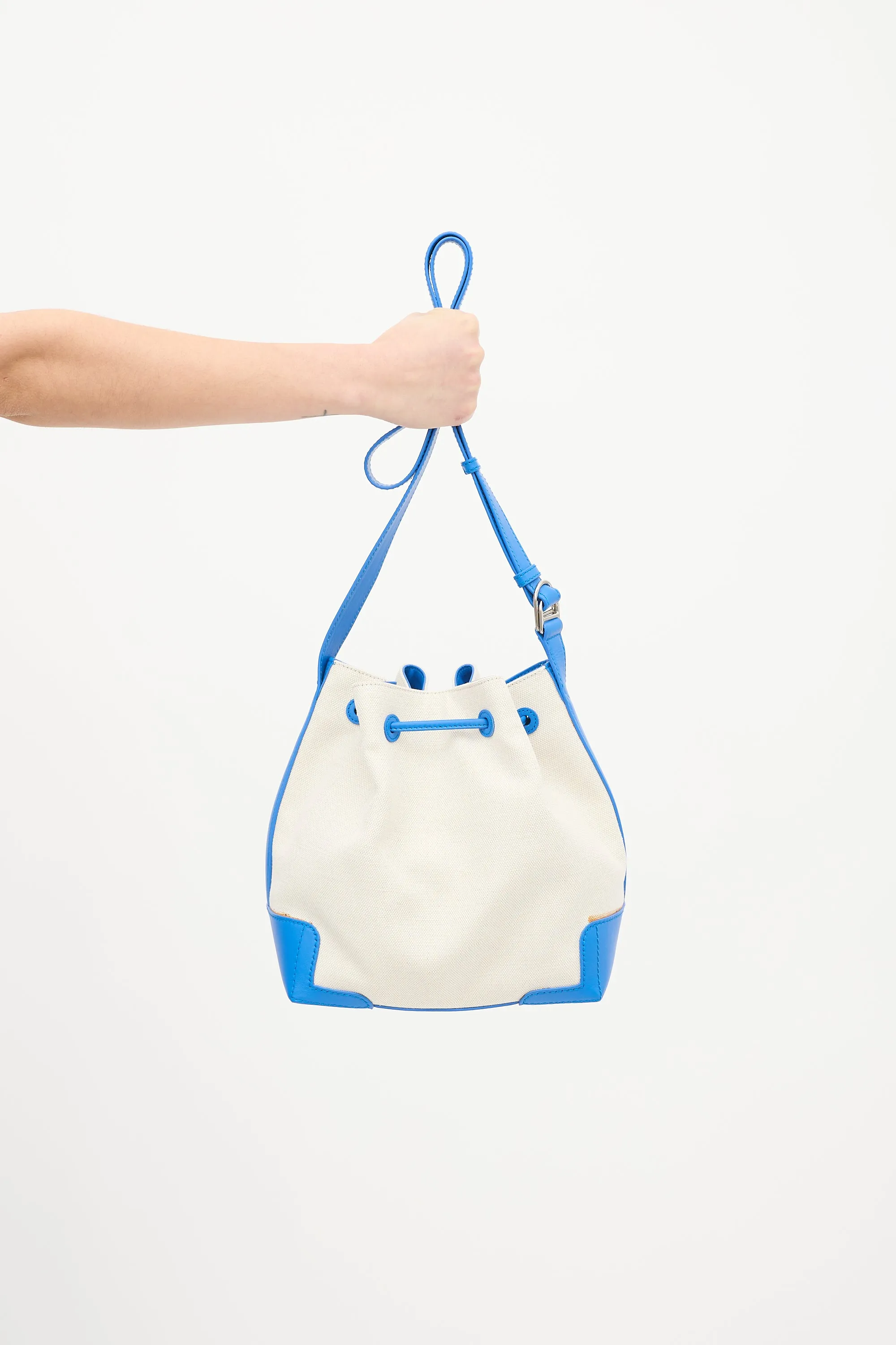 Cream & Blue Leather Canvas Bucket Bag