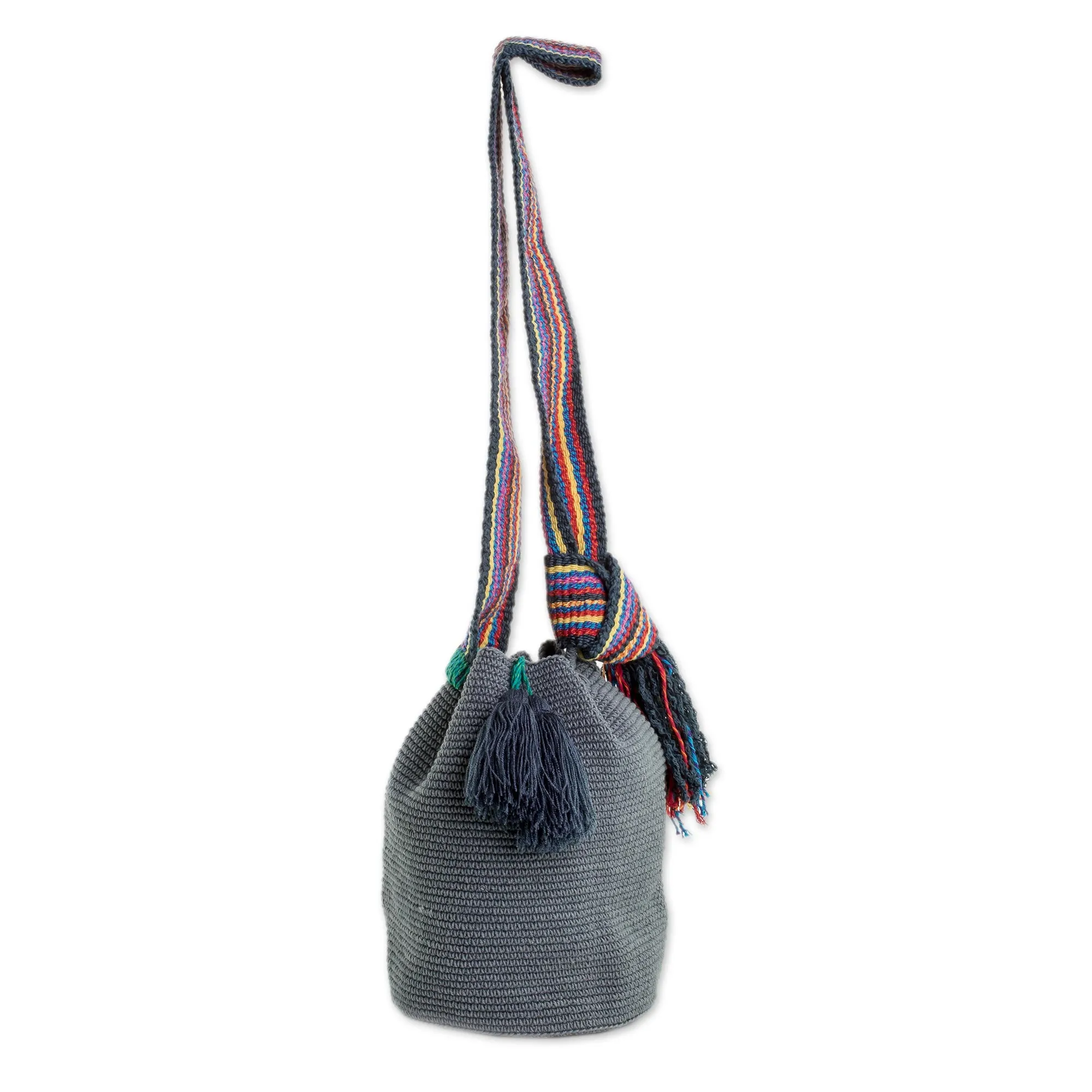 Crocheted Cotton Bucket Bag in Smoke from Guatemala - Smoke Texture | NOVICA