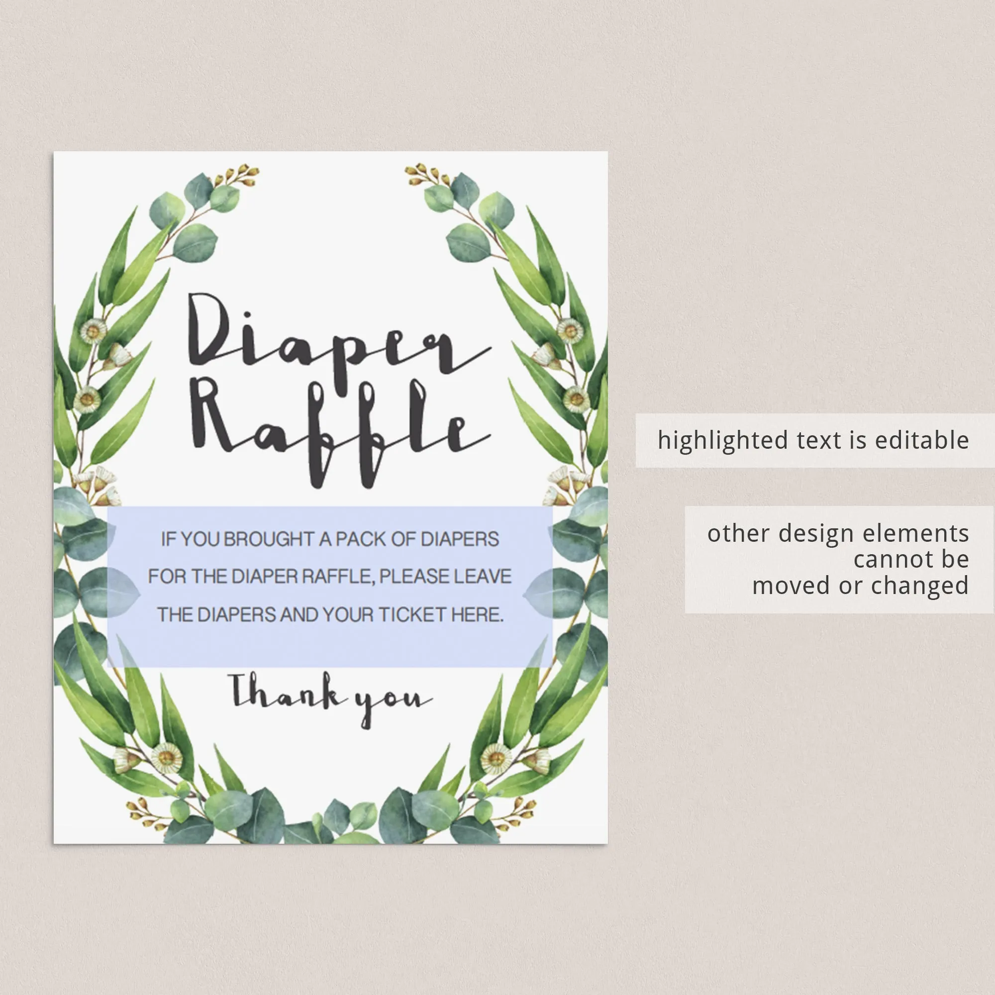 Diaper Raffle Sign Template Greenery Baby Shower Decorations