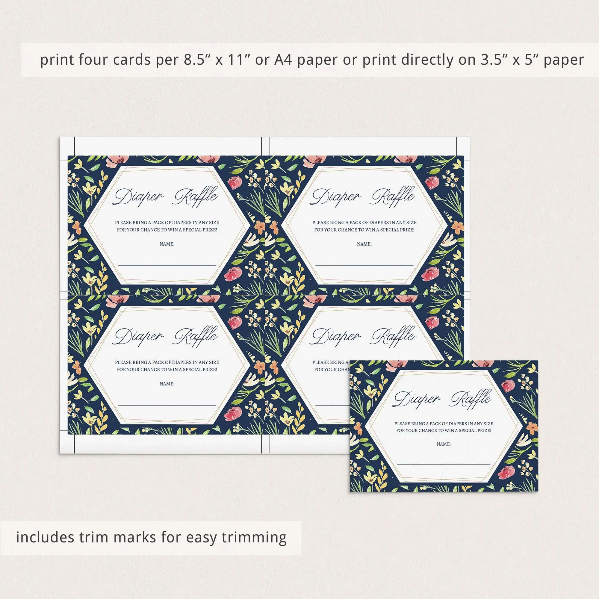 Floral Baby Shower Diaper Raffle Card Printable Navy, Pink, Green