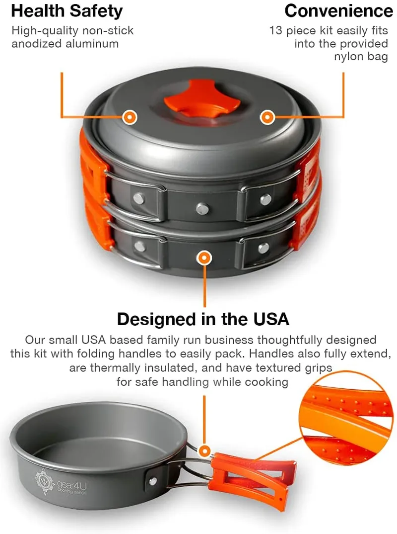 Gear4U Camping Cookware Kits - Bpa-Free Non-Stick Anodized Aluminum Mess Kits - Complete Lightweight Mini Folding Pot Kits with Utensils for Camping Hiking Backpacking and Survival Cooking