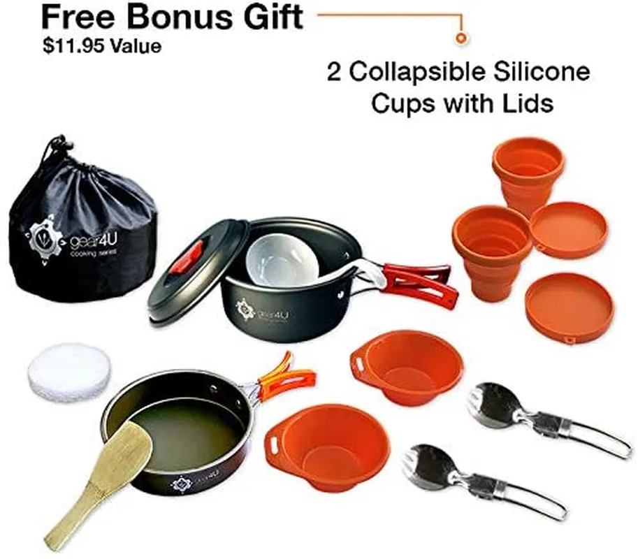 Gear4U Camping Cookware Kits - Bpa-Free Non-Stick Anodized Aluminum Mess Kits - Complete Lightweight Mini Folding Pot Kits with Utensils for Camping Hiking Backpacking and Survival Cooking