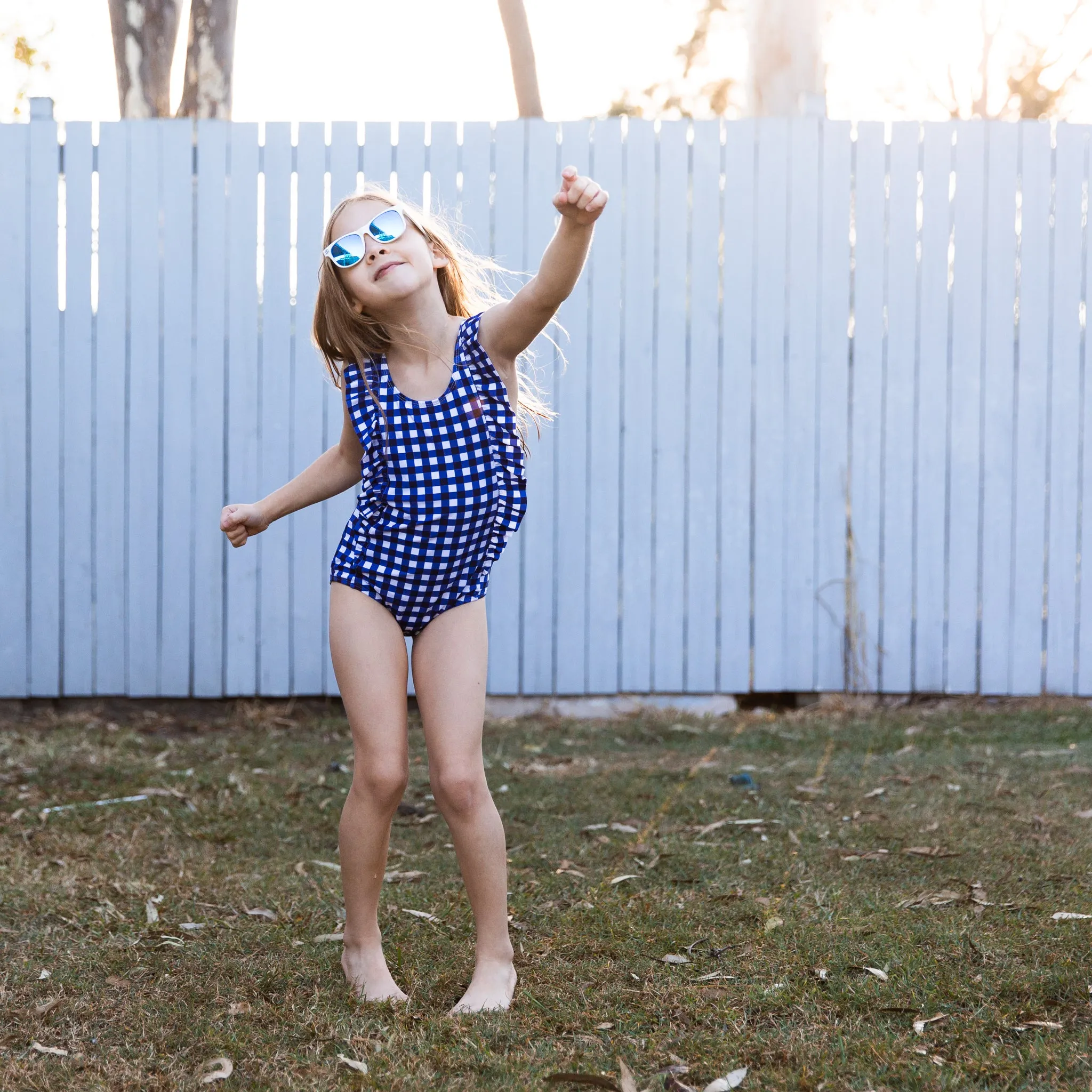 Girls Ruffle One-Piece Swimsuit | "Too Sweet" Navy Gingham