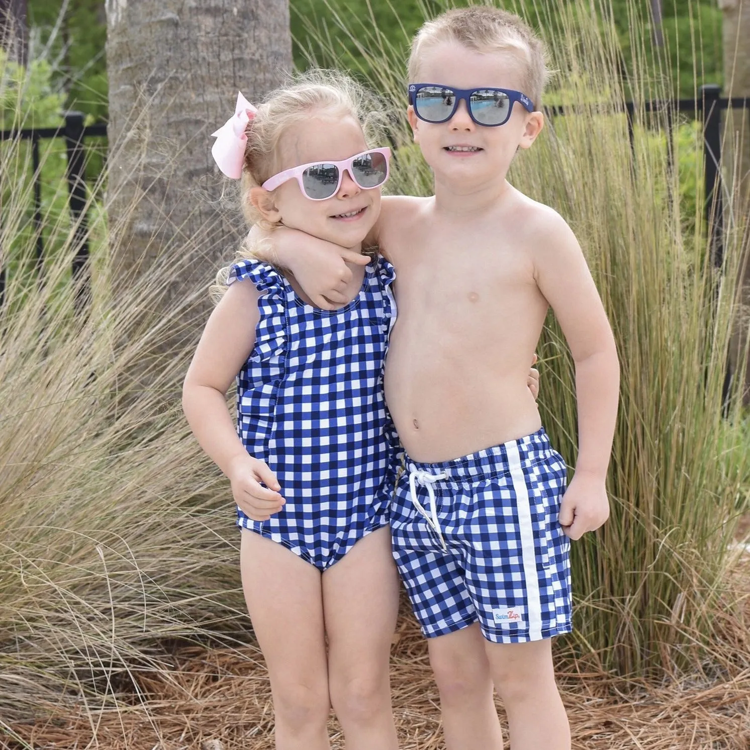 Girls Ruffle One-Piece Swimsuit | "Too Sweet" Navy Gingham