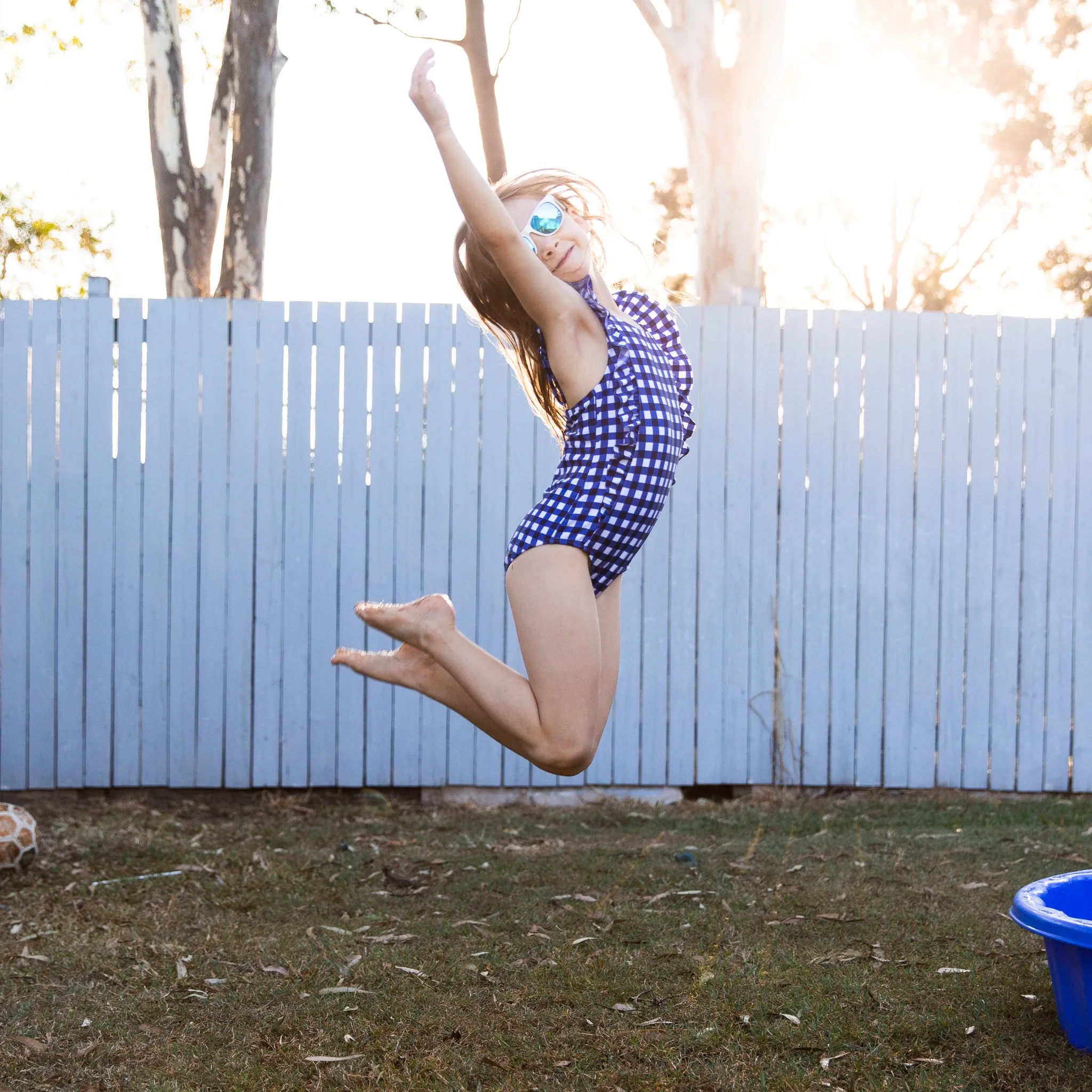 Girls Ruffle One-Piece Swimsuit | "Too Sweet" Navy Gingham