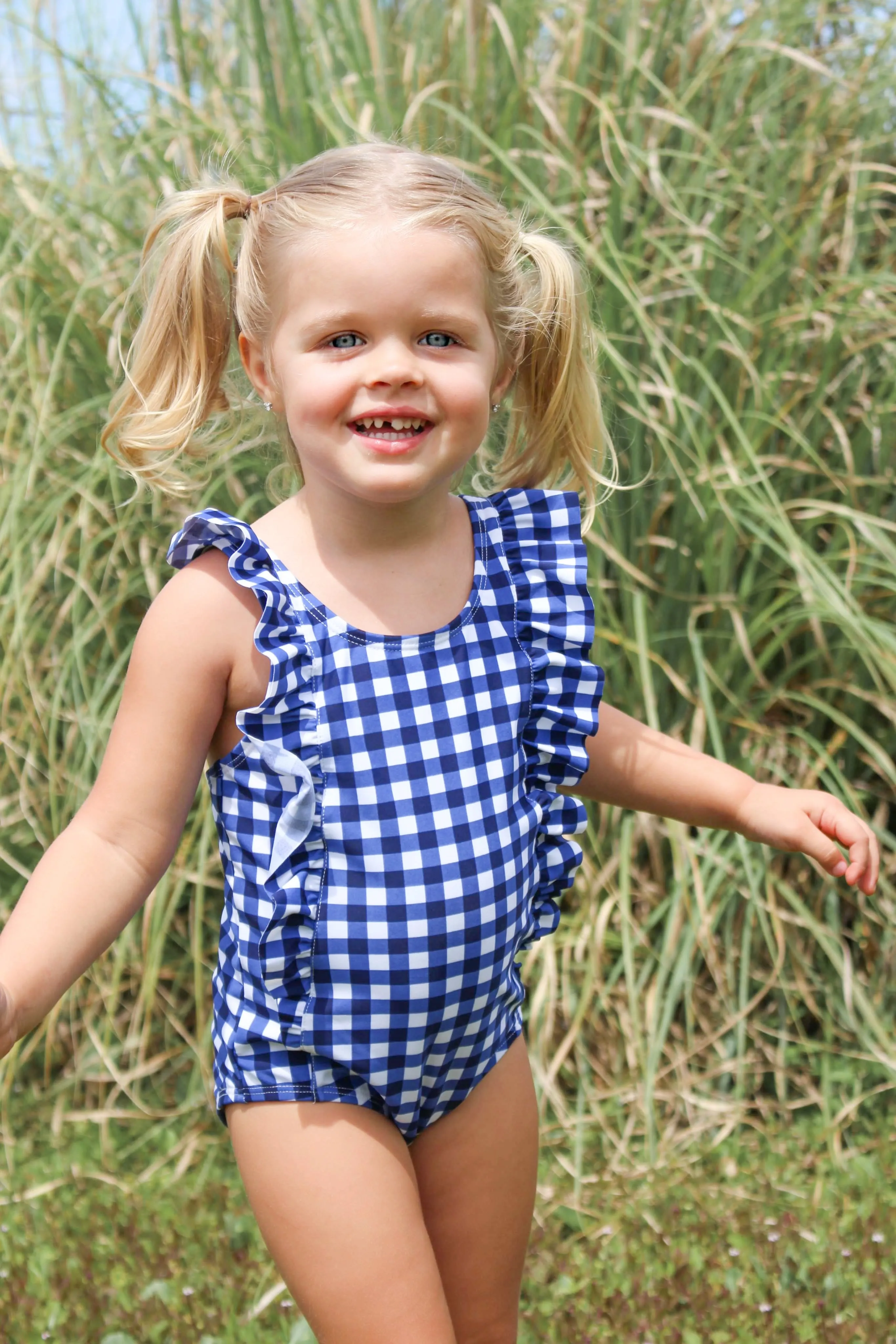 Girls Ruffle One-Piece Swimsuit | "Too Sweet" Navy Gingham