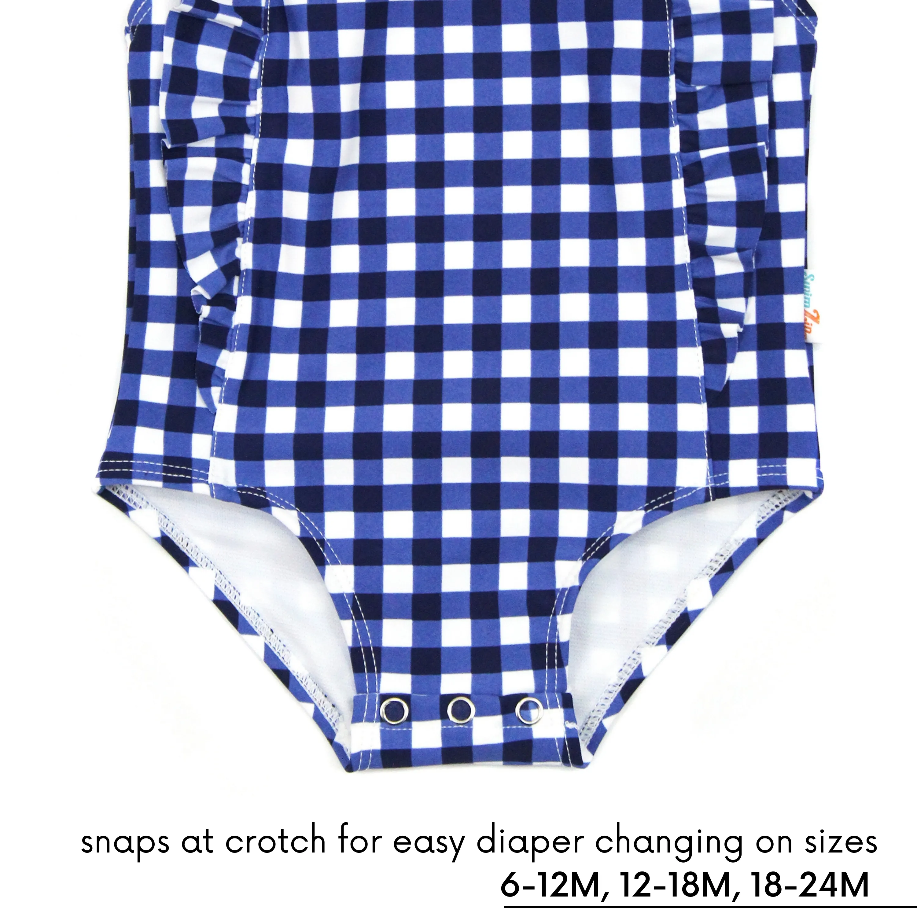 Girls Ruffle One-Piece Swimsuit | "Too Sweet" Navy Gingham