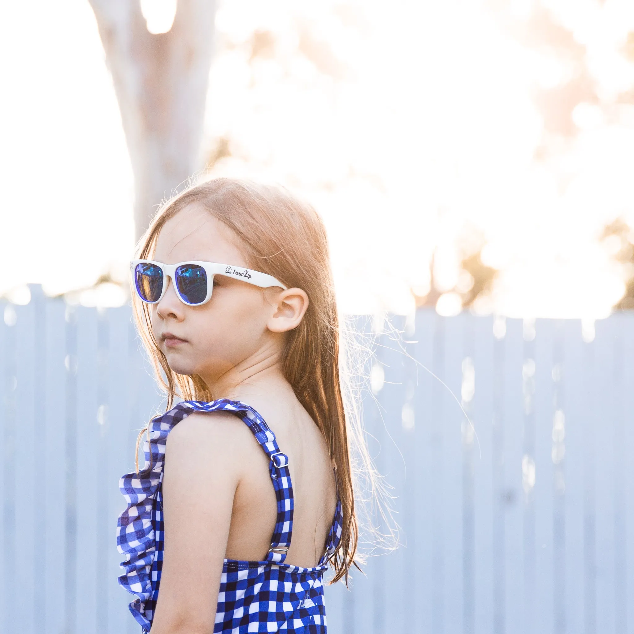 Girls Ruffle One-Piece Swimsuit | "Too Sweet" Navy Gingham