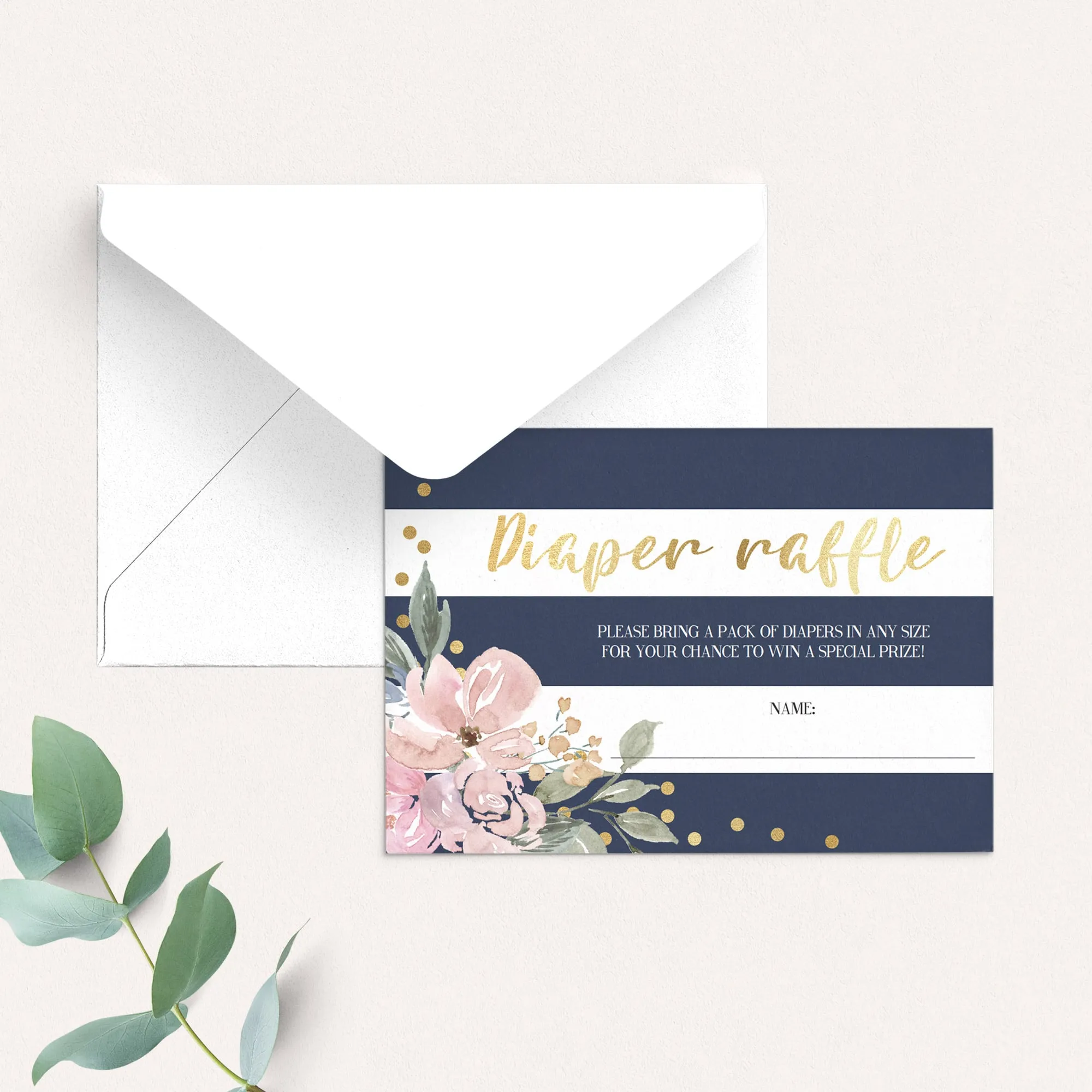 Gold and Navy Diaper Raffle Ticket Template - Florals and Stripes