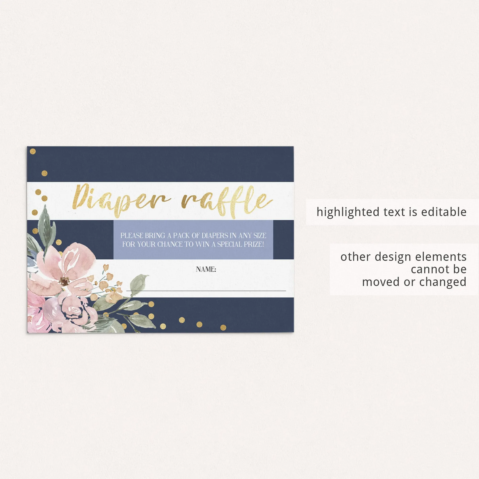 Gold and Navy Diaper Raffle Ticket Template - Florals and Stripes