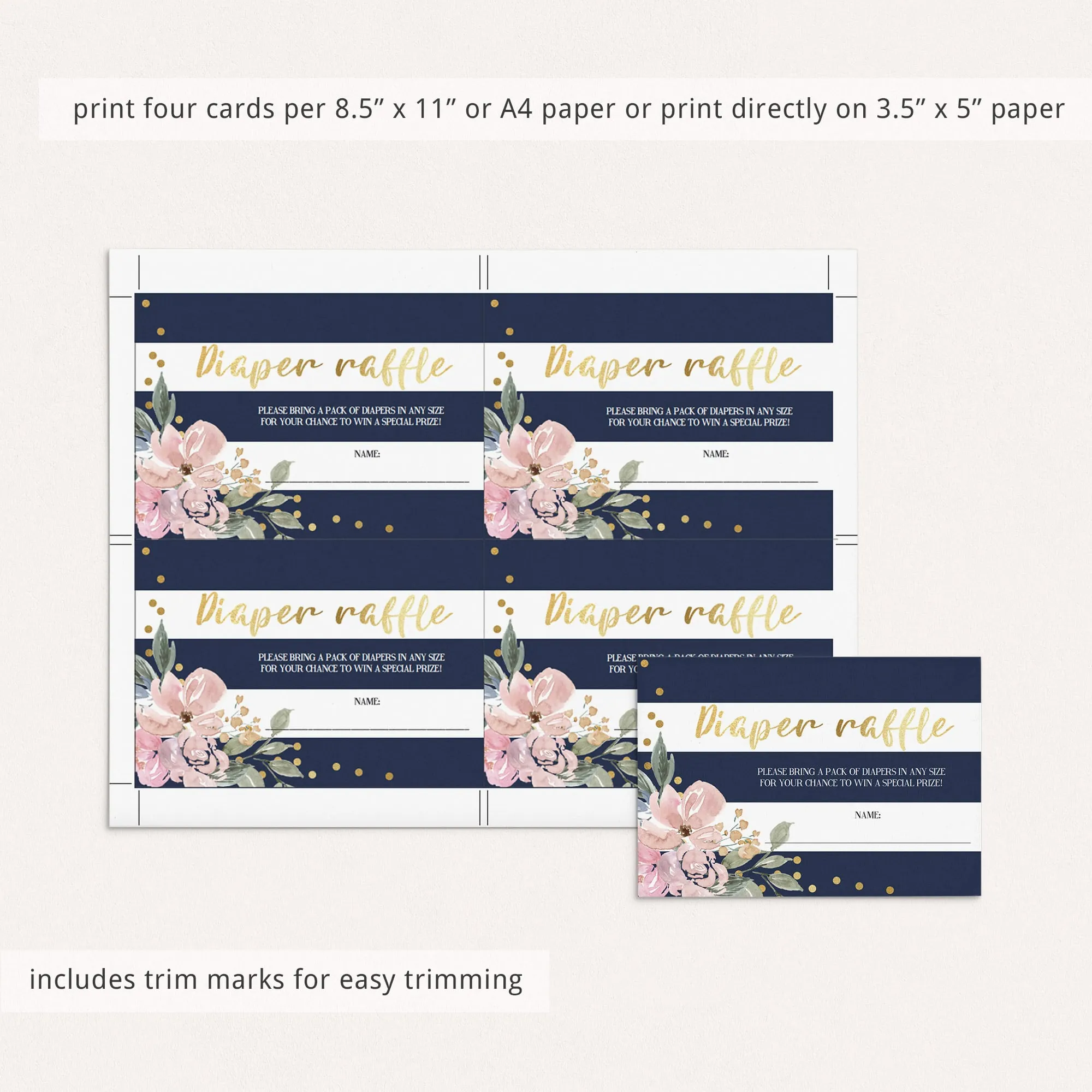 Gold and Navy Diaper Raffle Ticket Template - Florals and Stripes