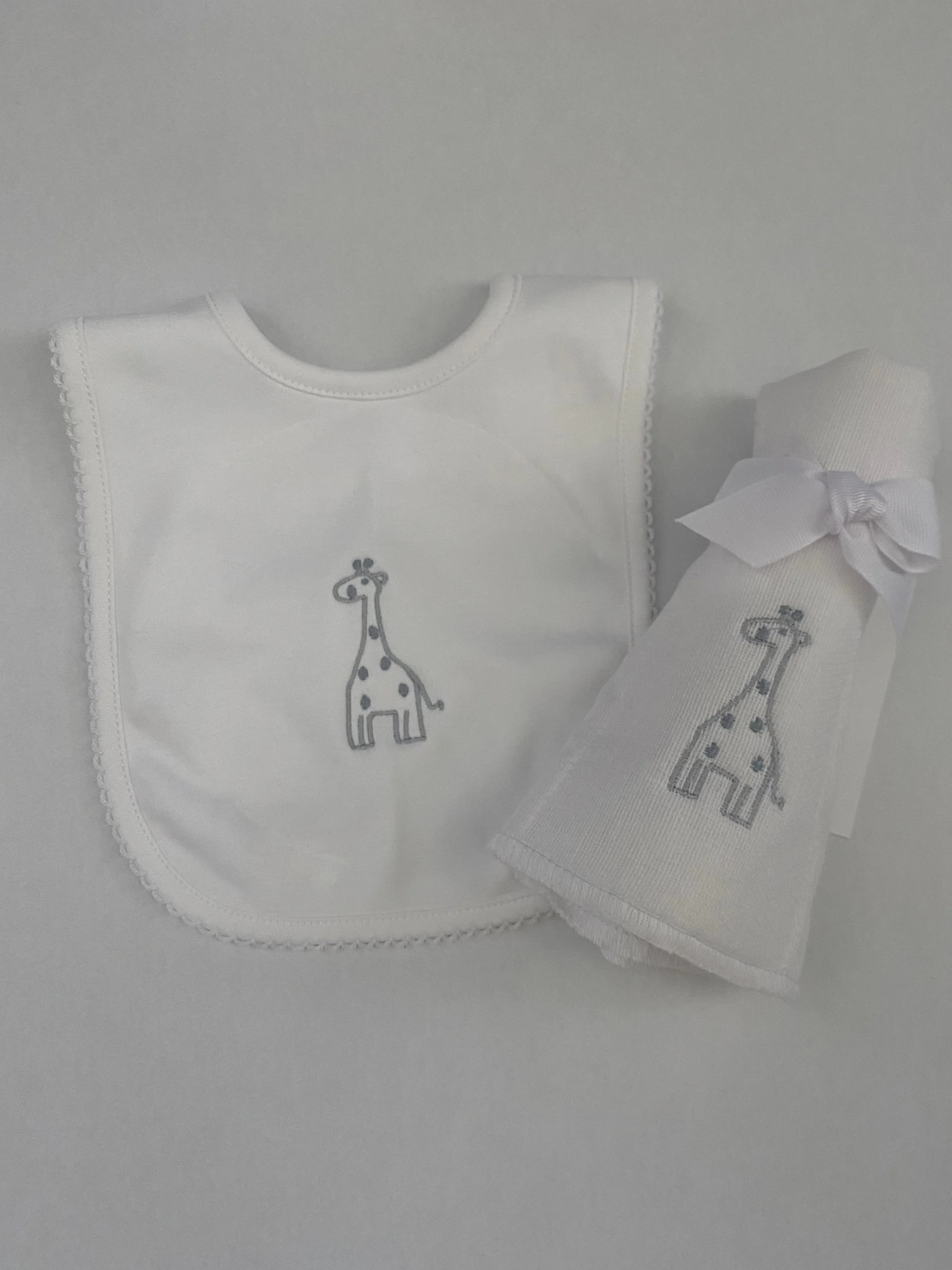 Gray Giraffe Pima Bib And Diaper Burp Cloth Set