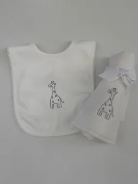 Gray Giraffe Pima Bib And Diaper Burp Cloth Set