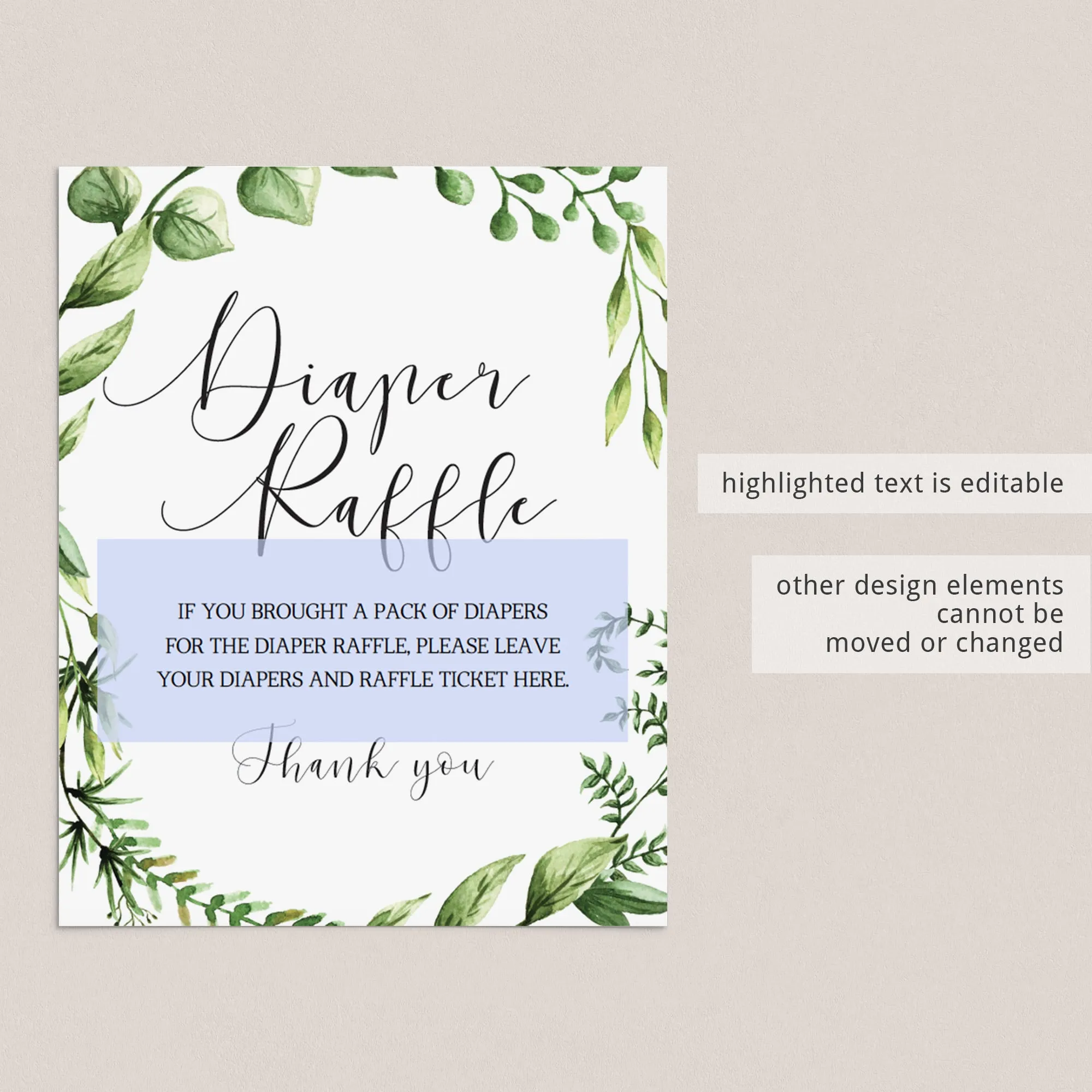 Greenary Baby Shower Diaper Raffle Sign Template