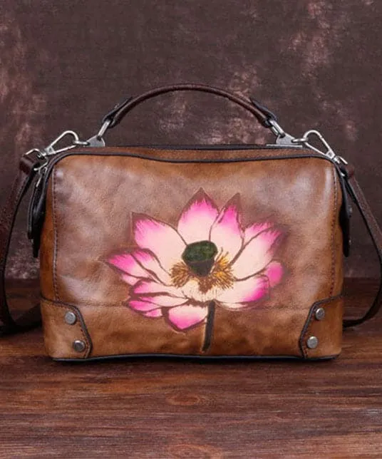 Handmade Coffee Floral Paitings Calf Leather Satchel Handbag