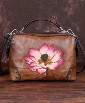 Handmade Coffee Floral Paitings Calf Leather Satchel Handbag
