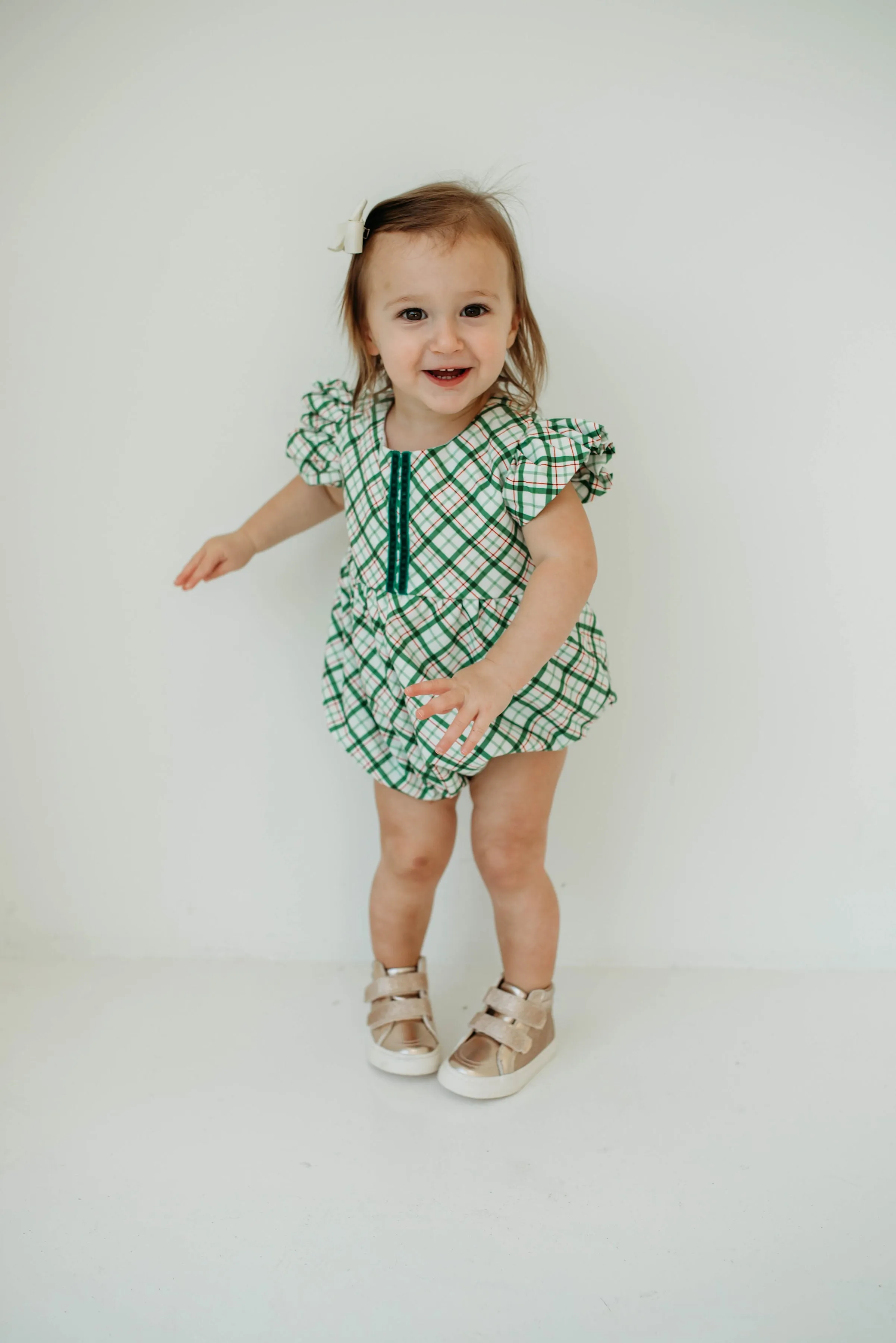 Infant Girl's Green Tartan Print Christmas Bubble Romper