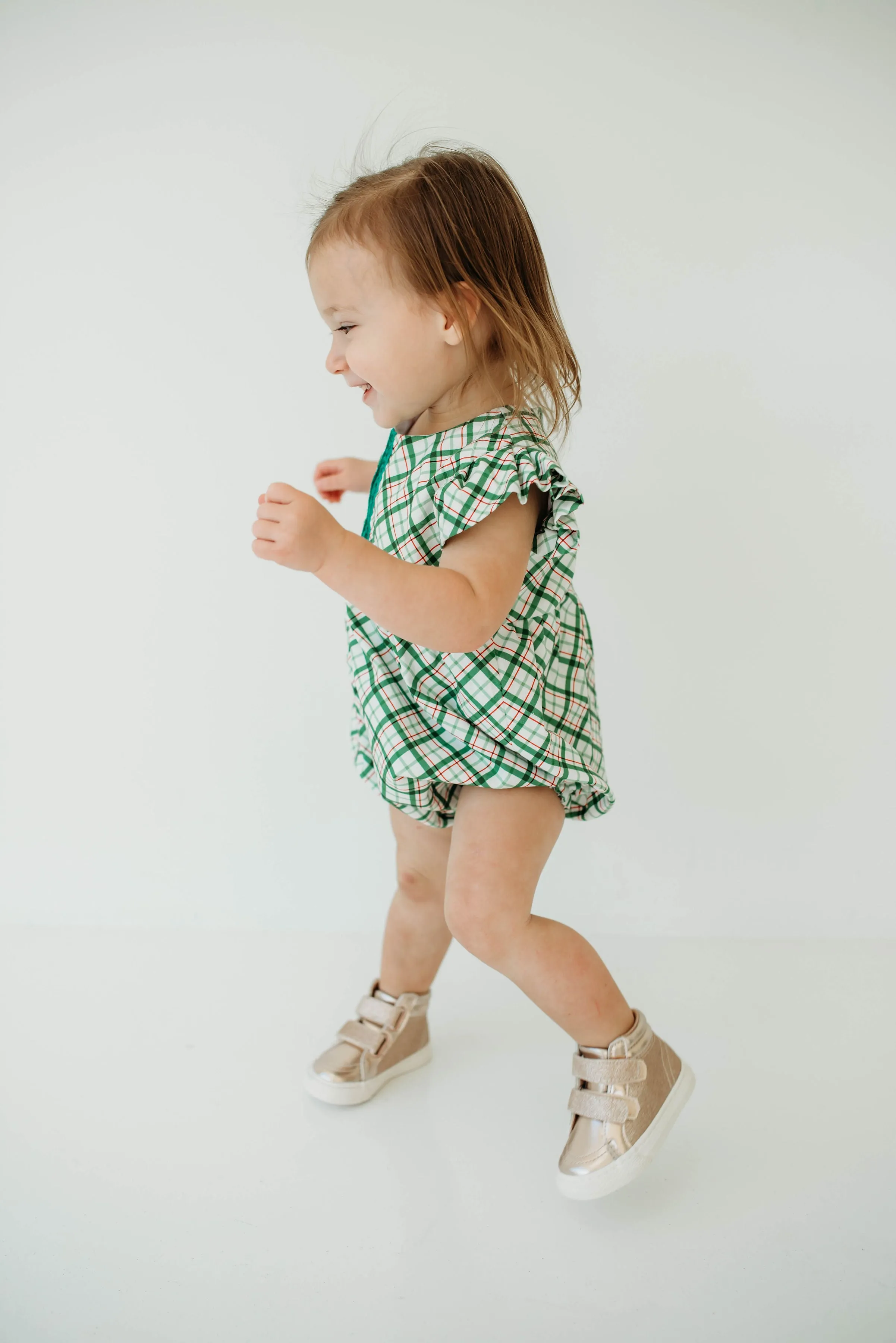 Infant Girl's Green Tartan Print Christmas Bubble Romper