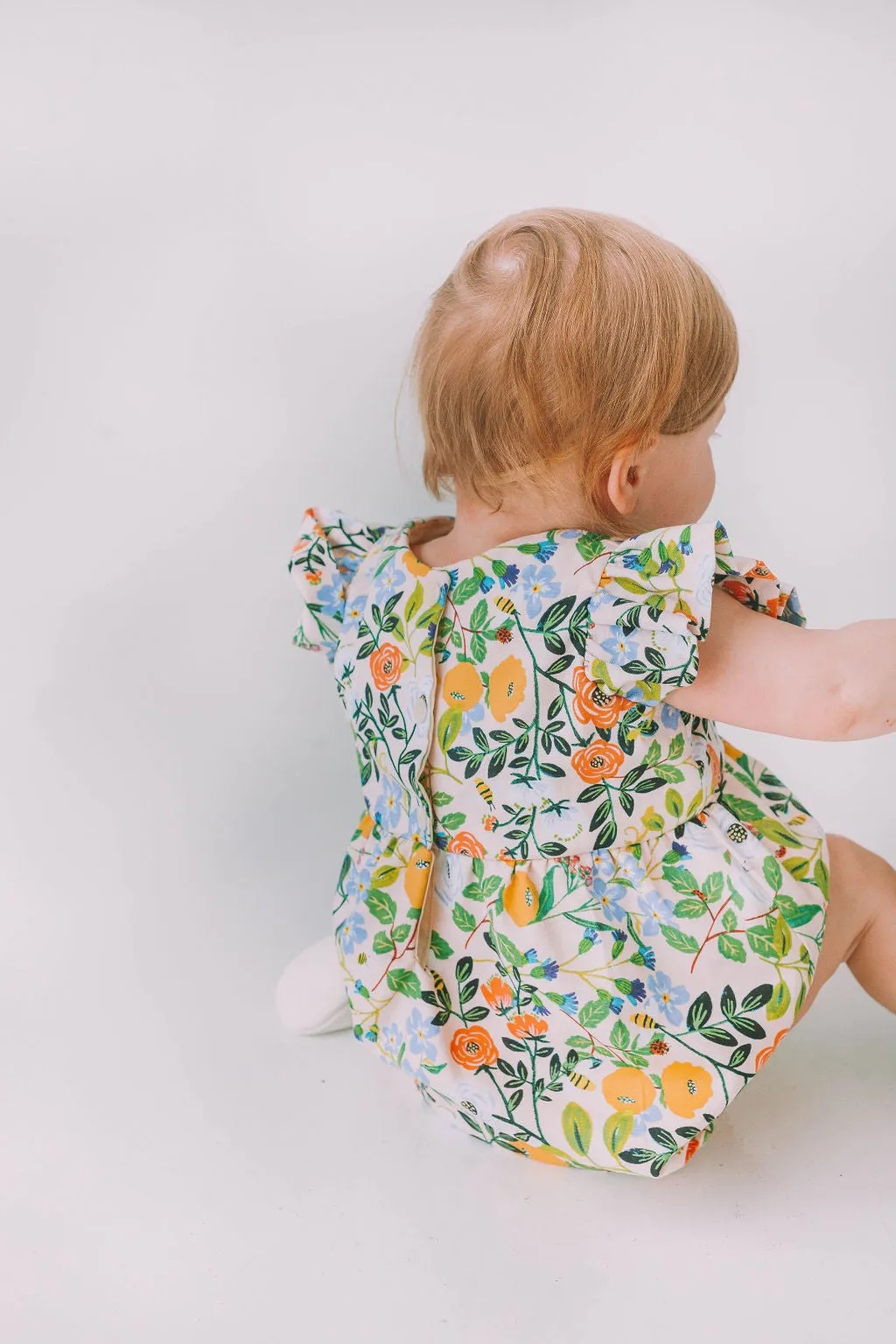 Infant Girl's Orange Blue and Green Botanical Floral Bubble Romper
