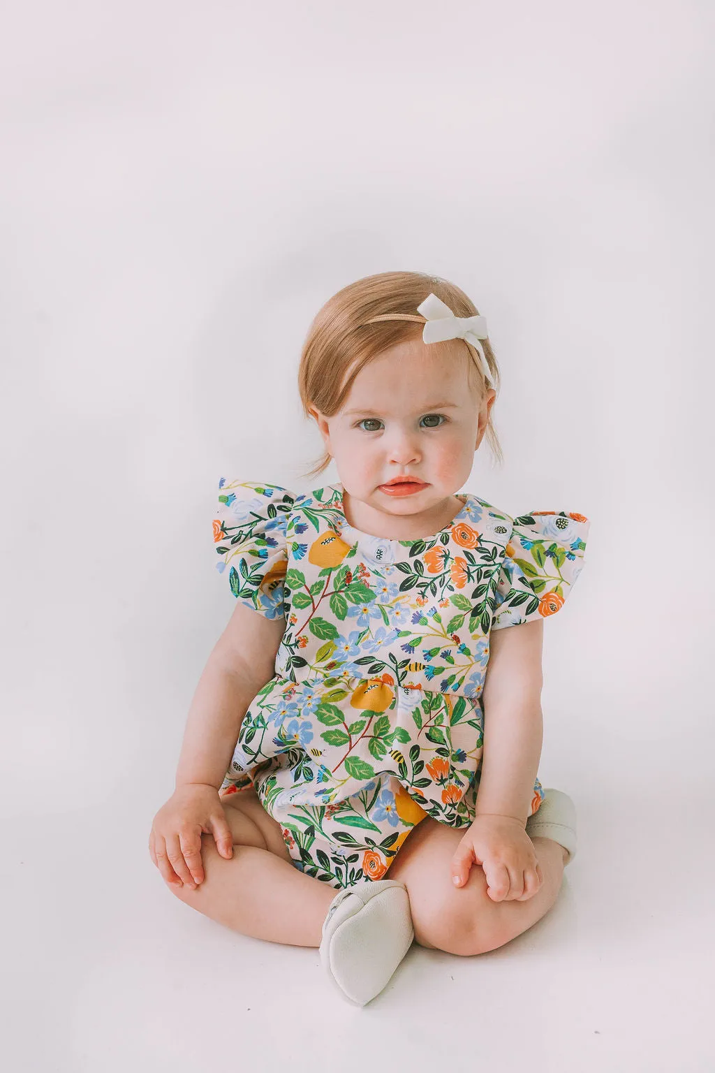 Infant Girl's Orange Blue and Green Botanical Floral Bubble Romper