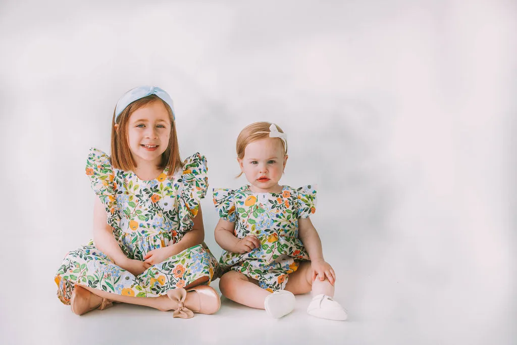 Infant Girl's Orange Blue and Green Botanical Floral Bubble Romper