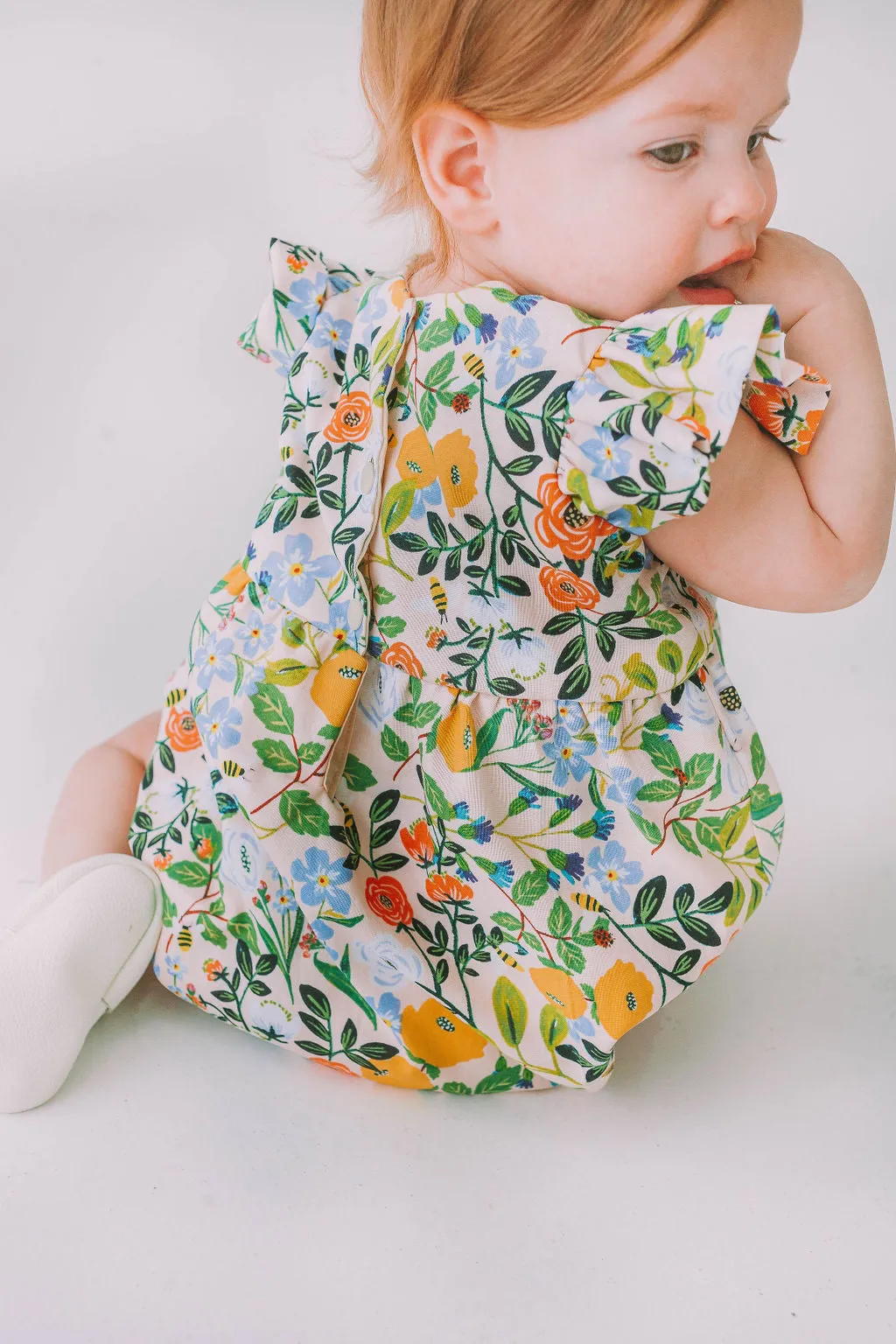 Infant Girl's Orange Blue and Green Botanical Floral Bubble Romper