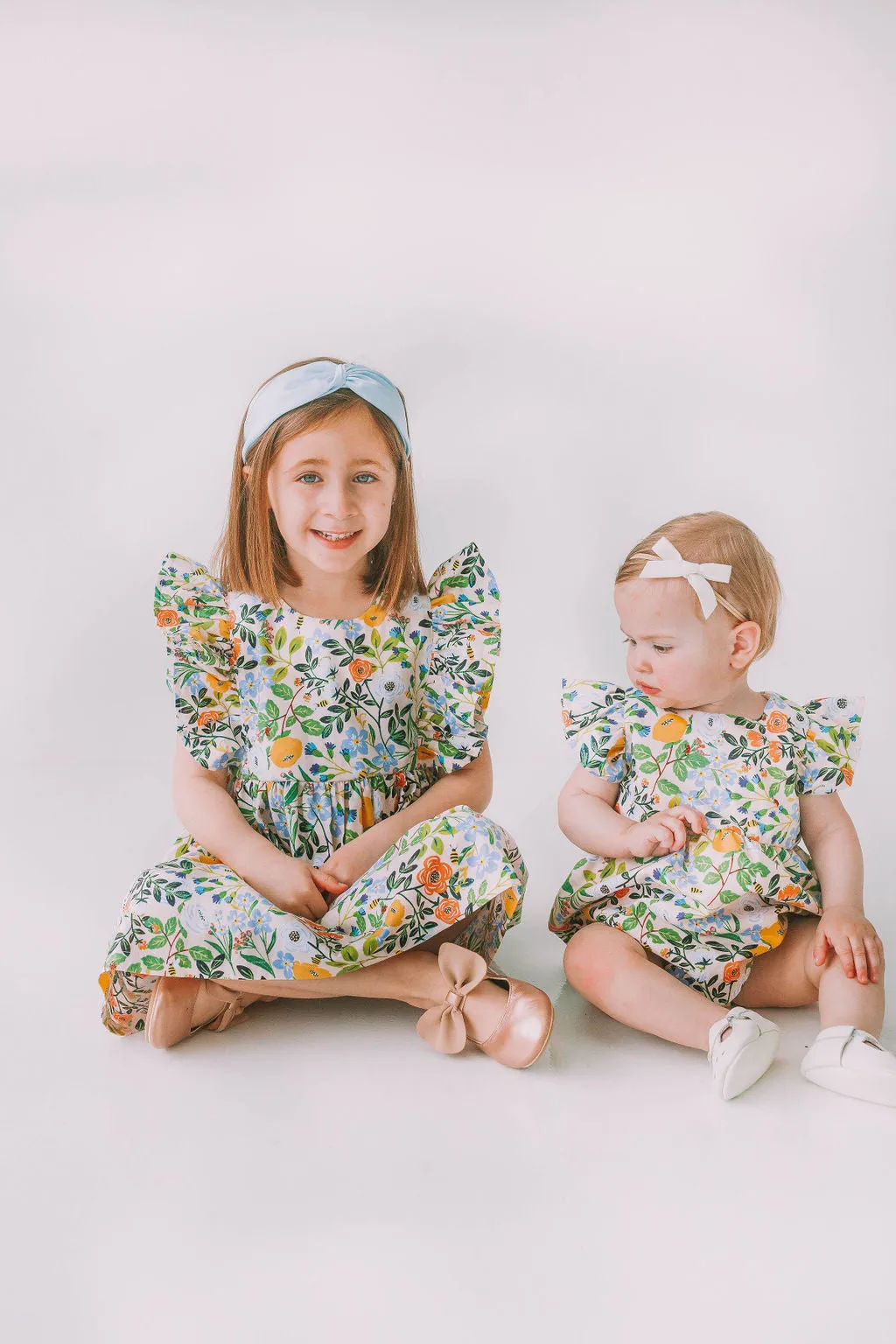 Infant Girl's Orange Blue and Green Botanical Floral Bubble Romper
