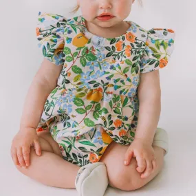 Infant Girl's Orange Blue and Green Botanical Floral Bubble Romper