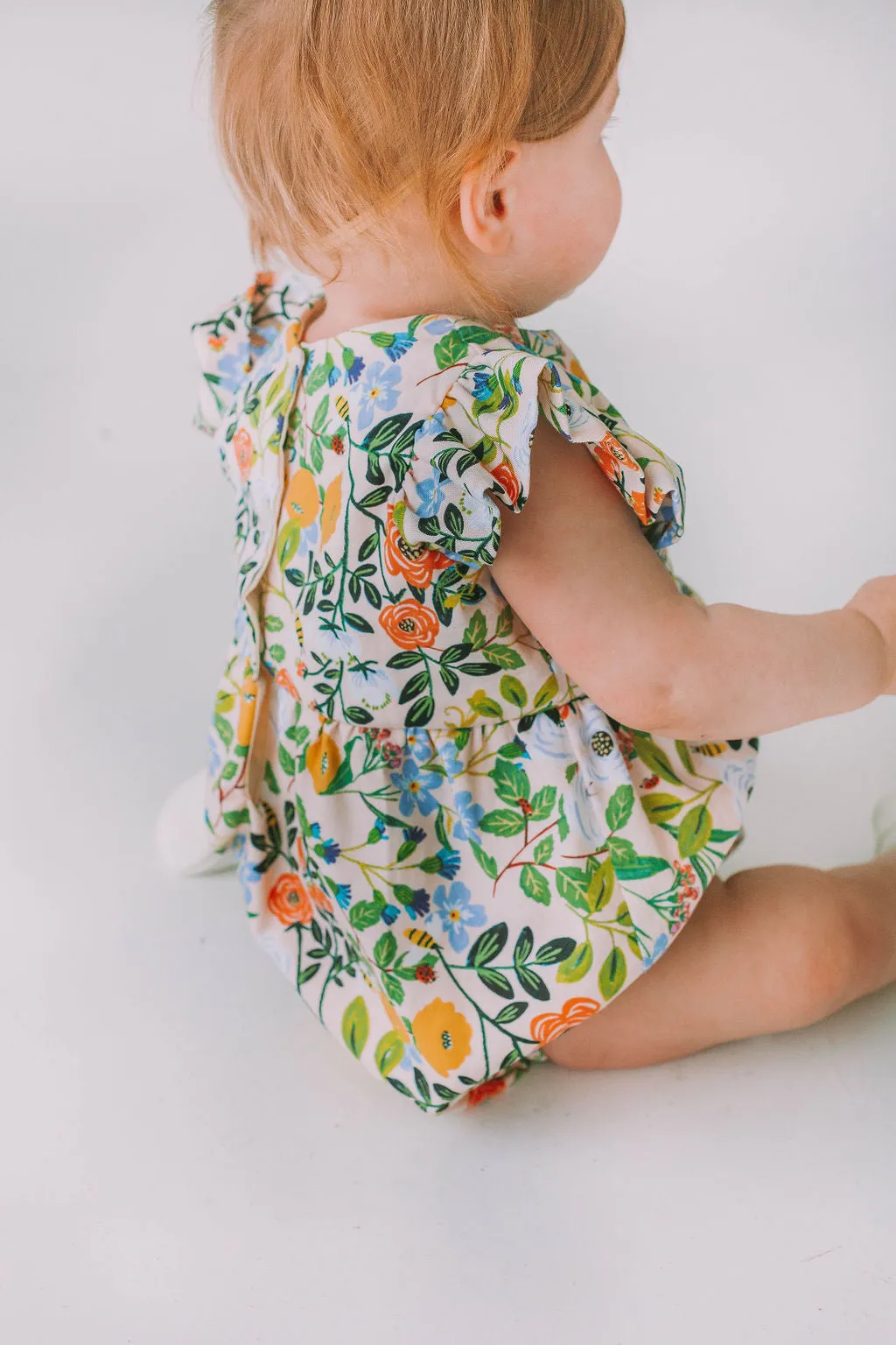 Infant Girl's Orange Blue and Green Botanical Floral Bubble Romper
