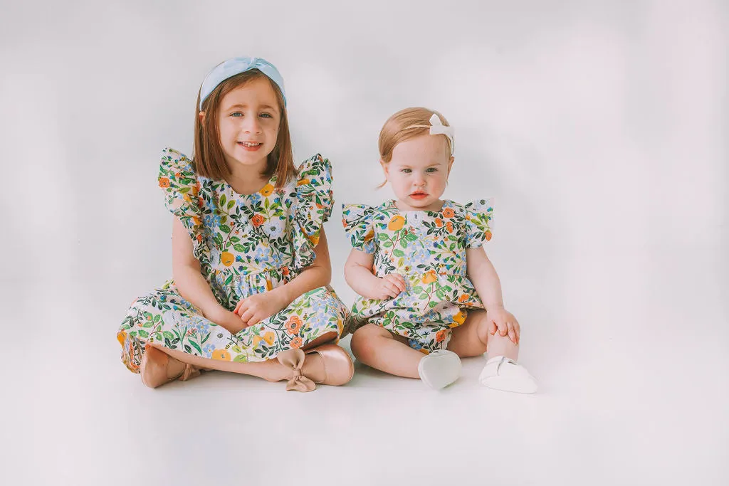 Infant Girl's Orange Blue and Green Botanical Floral Bubble Romper