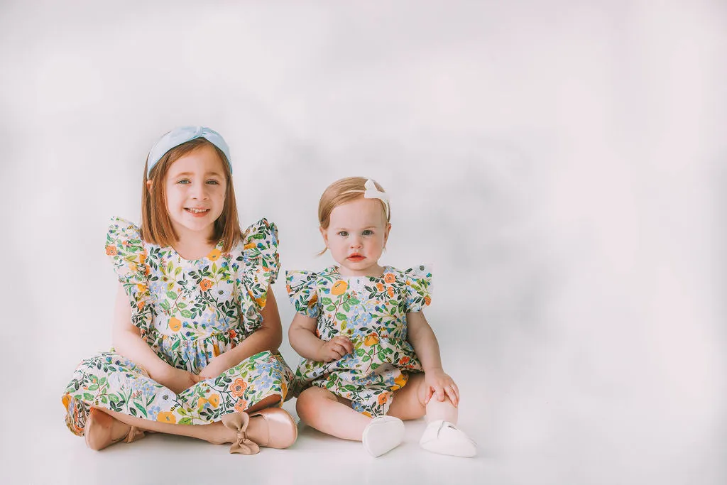 Infant Girl's Orange Blue and Green Botanical Floral Bubble Romper