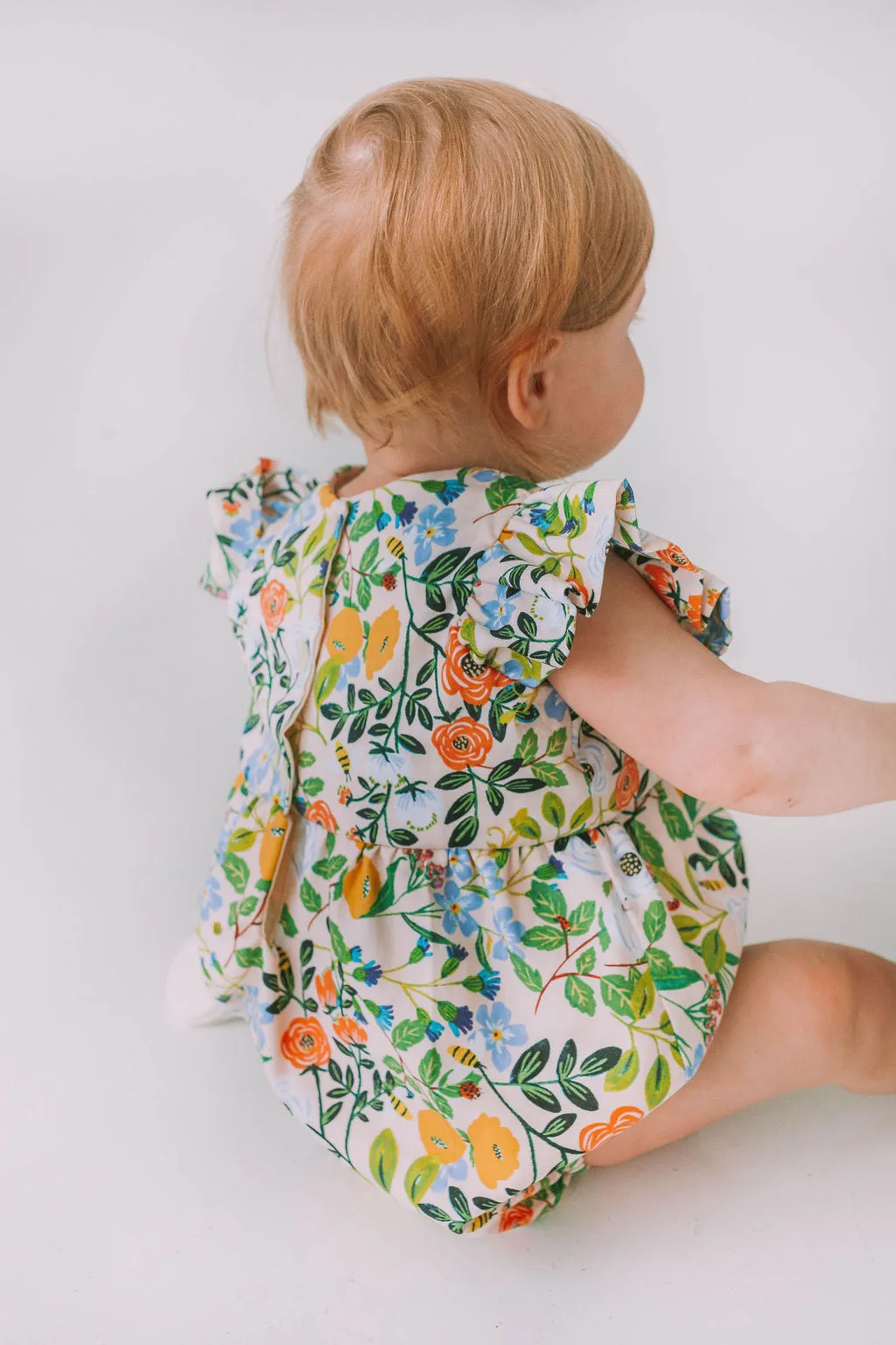 Infant Girl's Orange Blue and Green Botanical Floral Bubble Romper