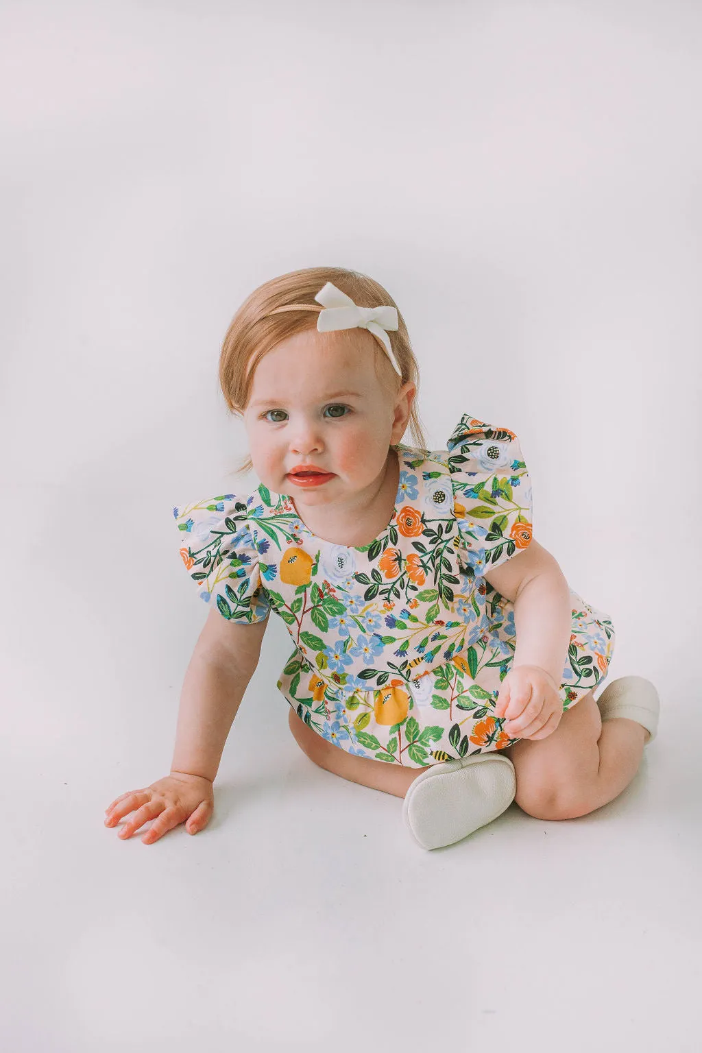Infant Girl's Orange Blue and Green Botanical Floral Bubble Romper